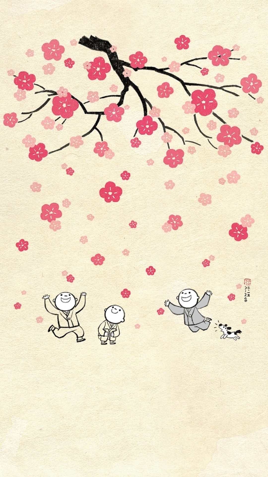 1080x1920 Cute Young Monks Enjoy Sakura! Simple illustration iPhone wallpapers. Tap  to see more HD