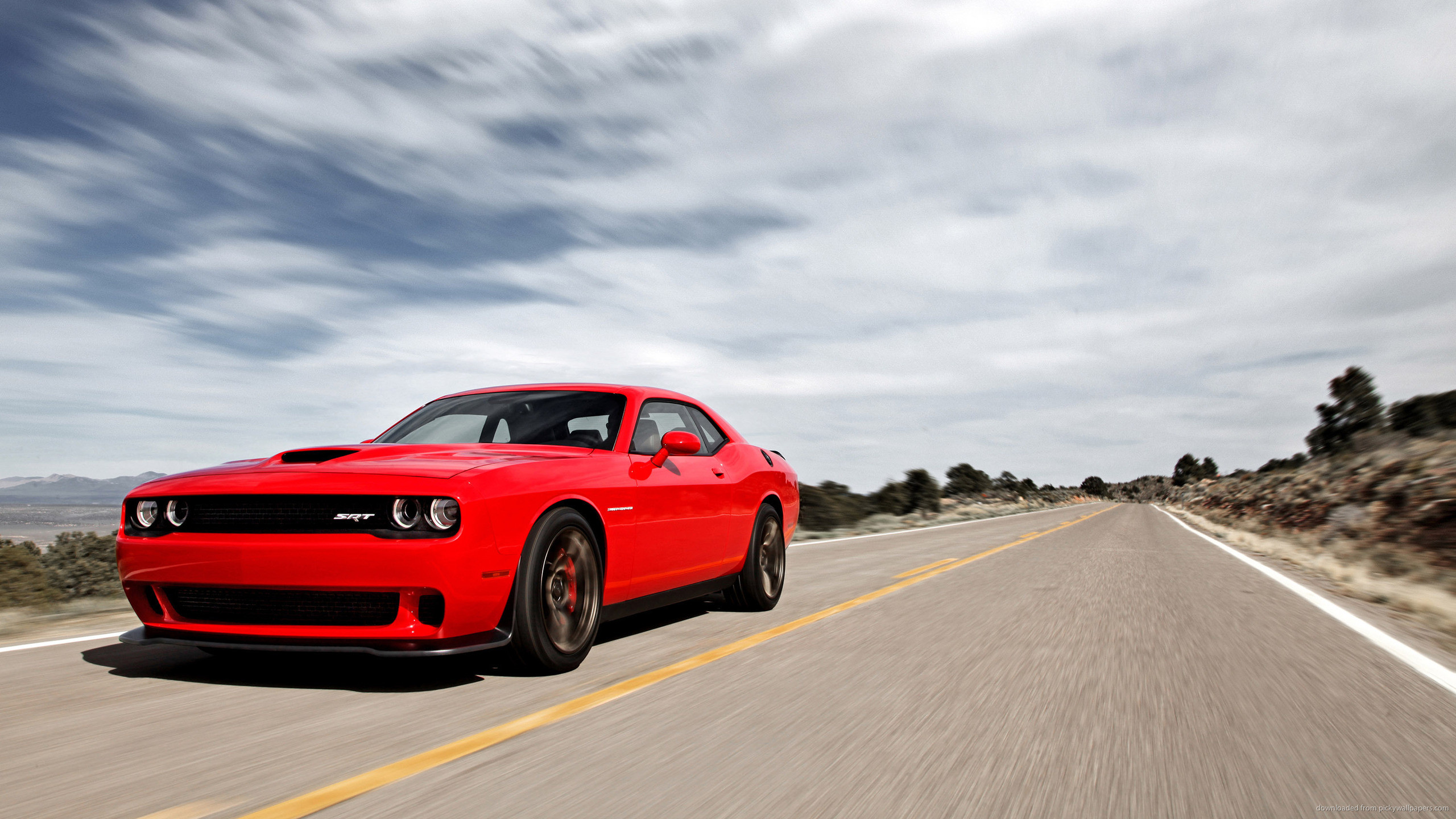2560x1440 Red Dodge Challenger SRT Hellcat On The Road for 