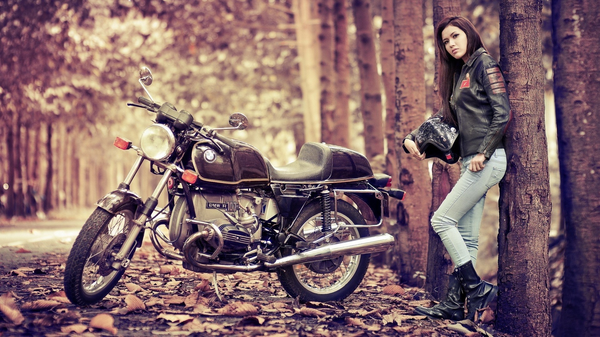 1920x1080 vehicles motorcycles bikes roads autumn fall leaves women females girls  models brunttes wallpaper