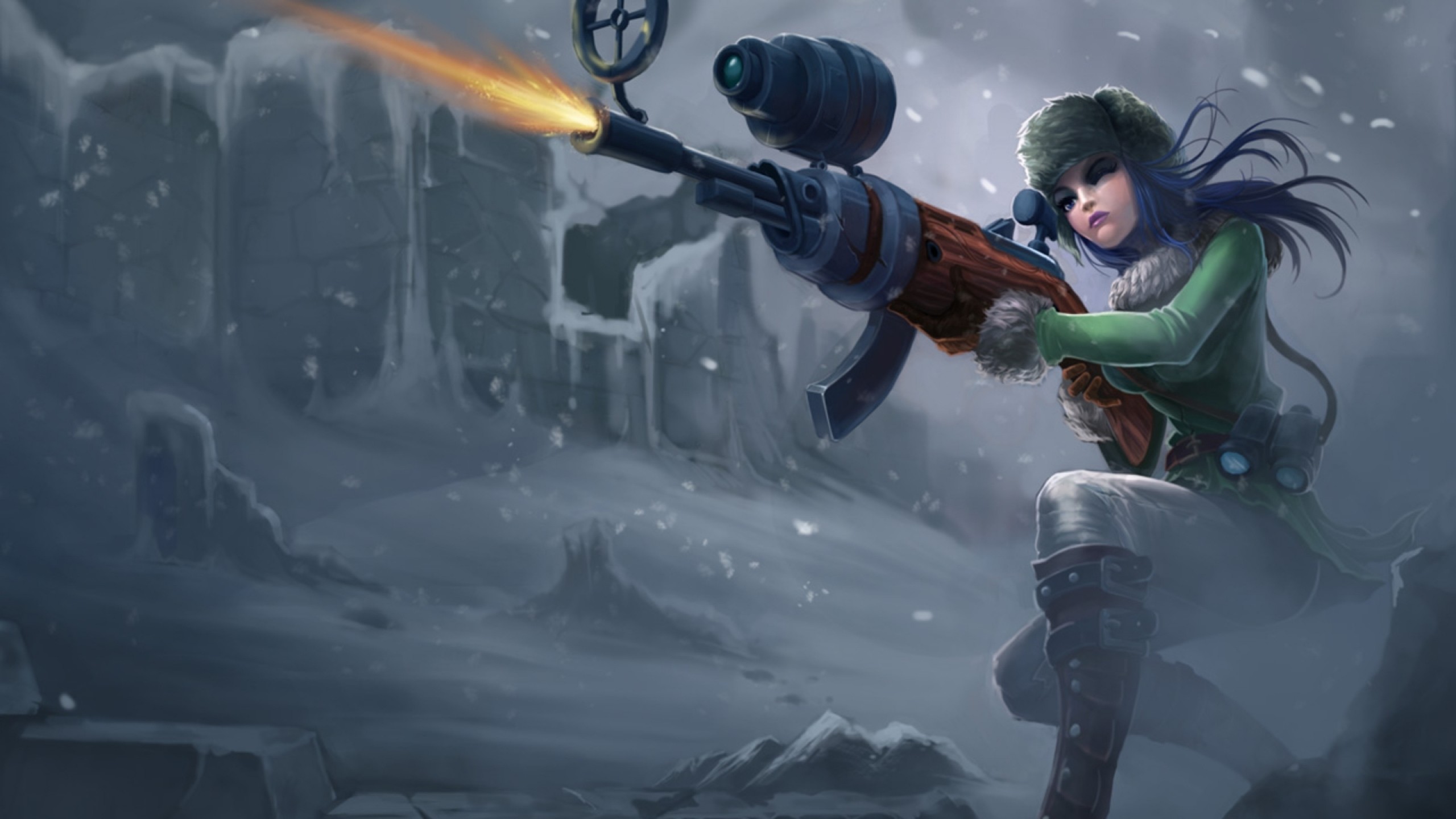 2560x1440 winter snow league of legends illustrations girls with guns caitlyn the  sheriff of piltover 1920x Wallpaper