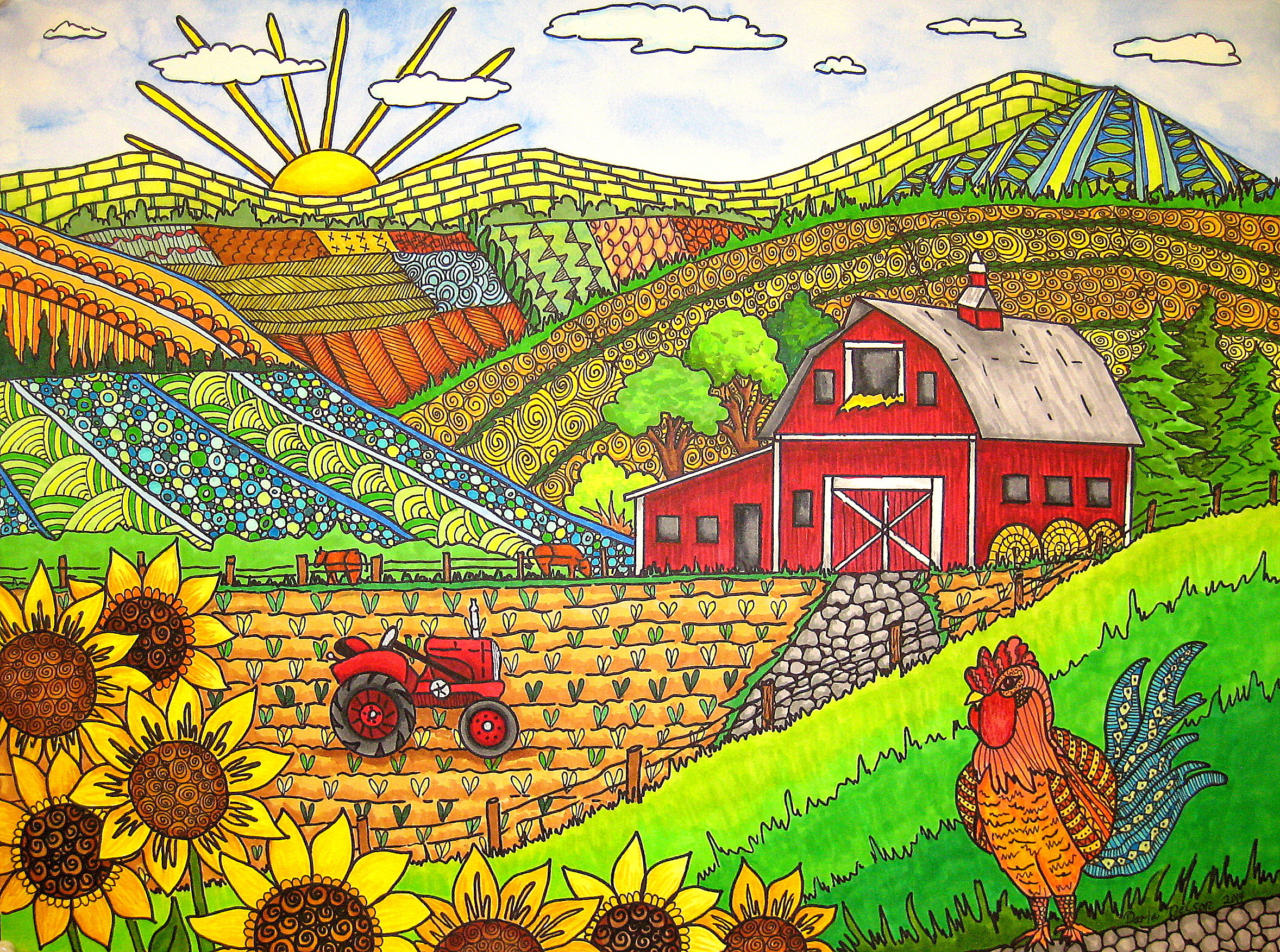 2356x1753 drawing illustration farm mural barns doodle ART color markers copic