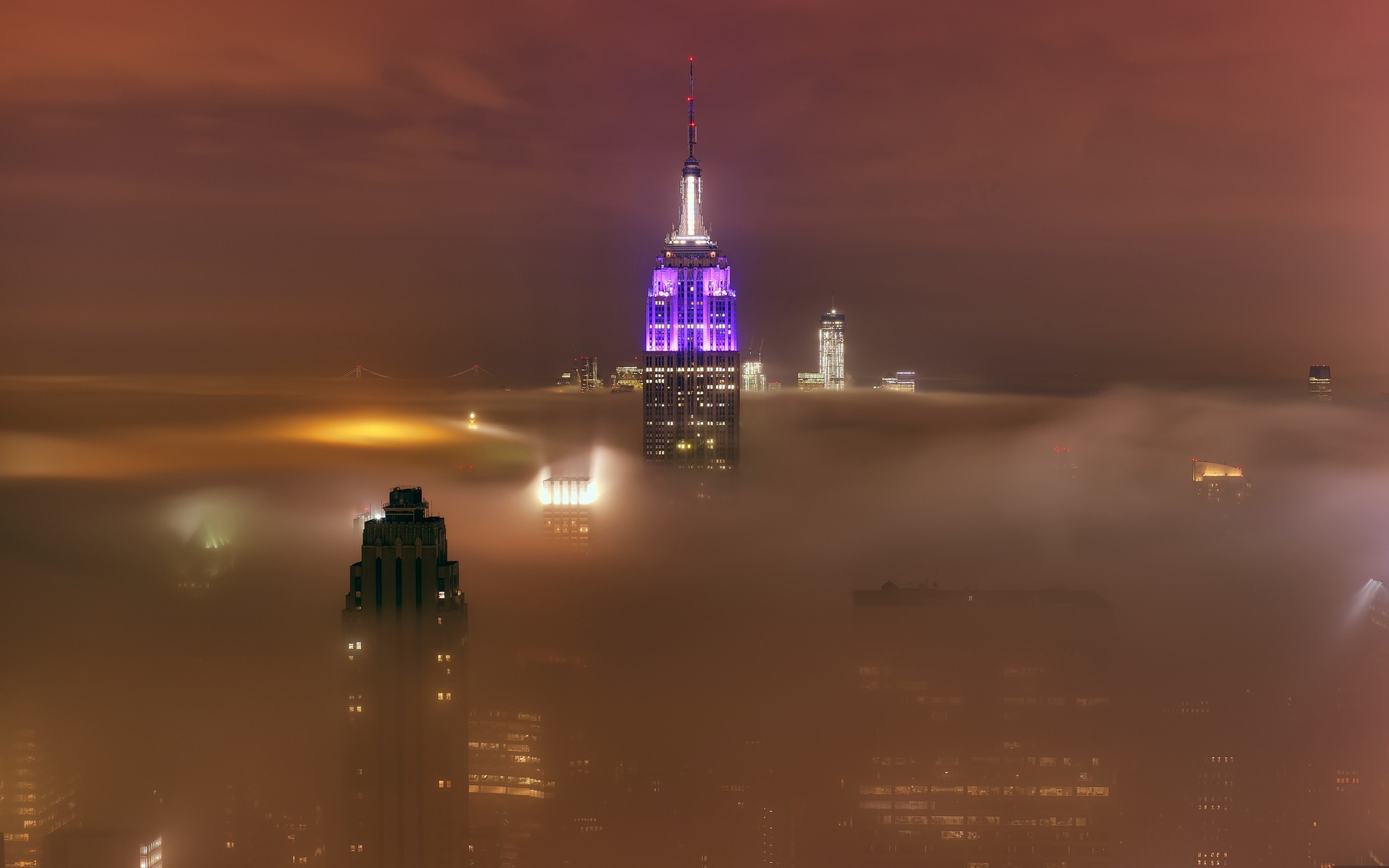 1920x1200 New-york cities architecture buildings skyscrapers night lights hdr clouds  fog mist skies wallpaper |  | 24116 | WallpaperUP