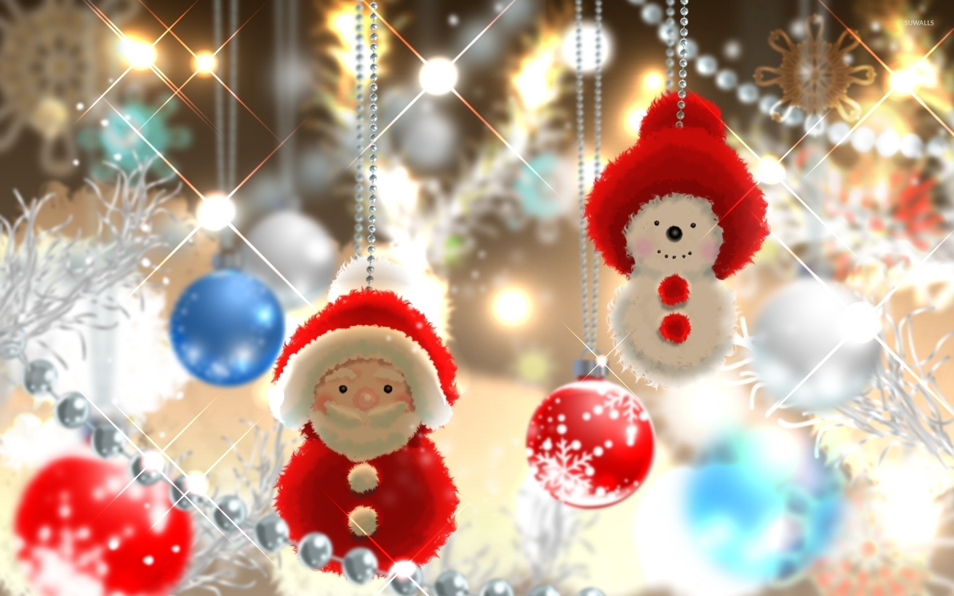 1920x1200 Cute Santa and snowman in the Christmas tree wallpaper