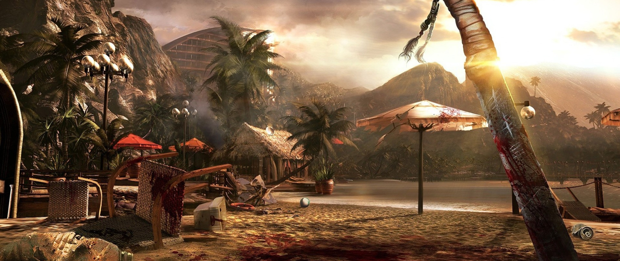 2560x1080  Wallpaper dead island, knife, blood, sunset, sand