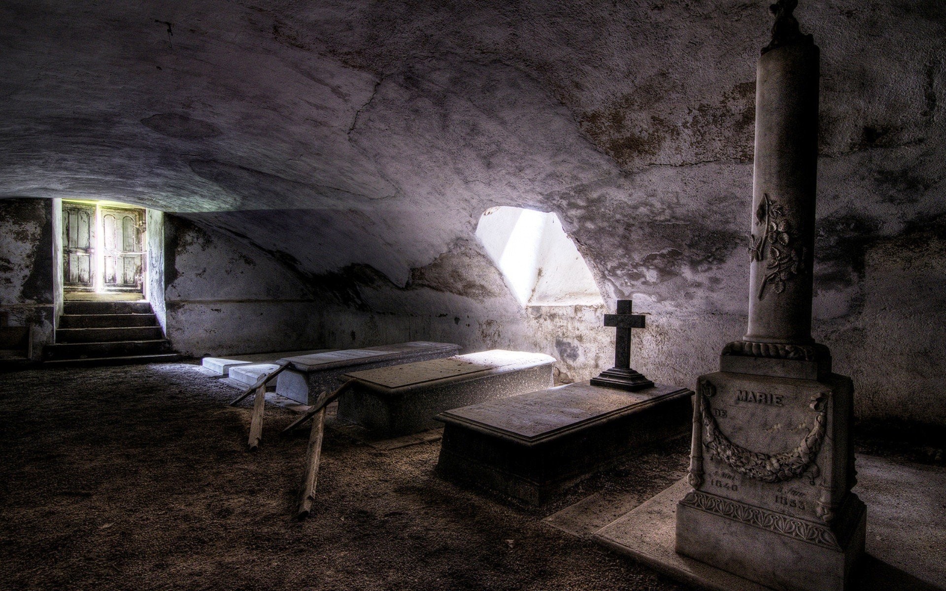 1920x1200 interior, Sunlight, Tomb, Grave, Cross, Abandoned, Stones, HDR,