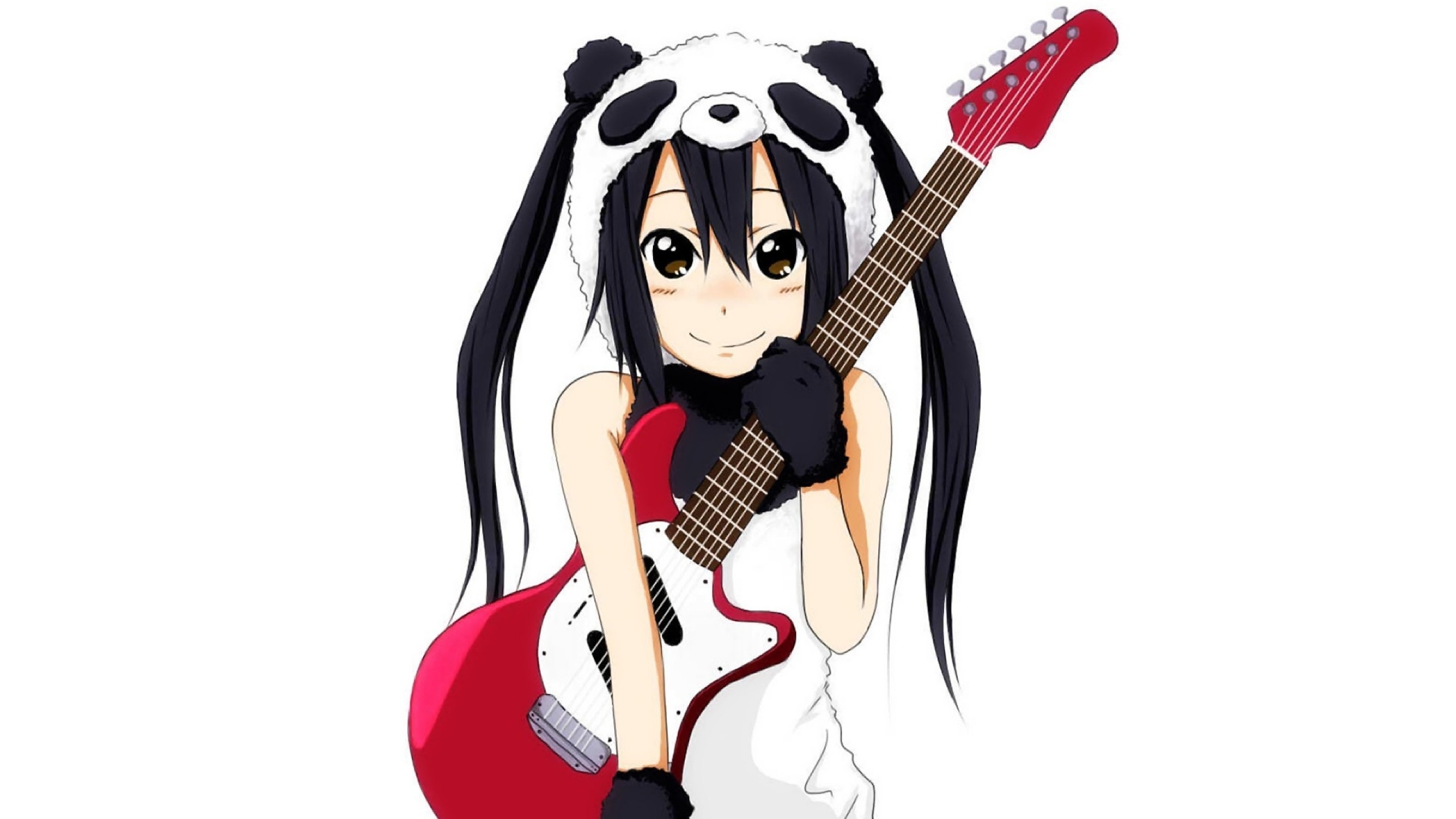 2560x1440  Wallpaper girl, nice, smile, guitar, hat, panda