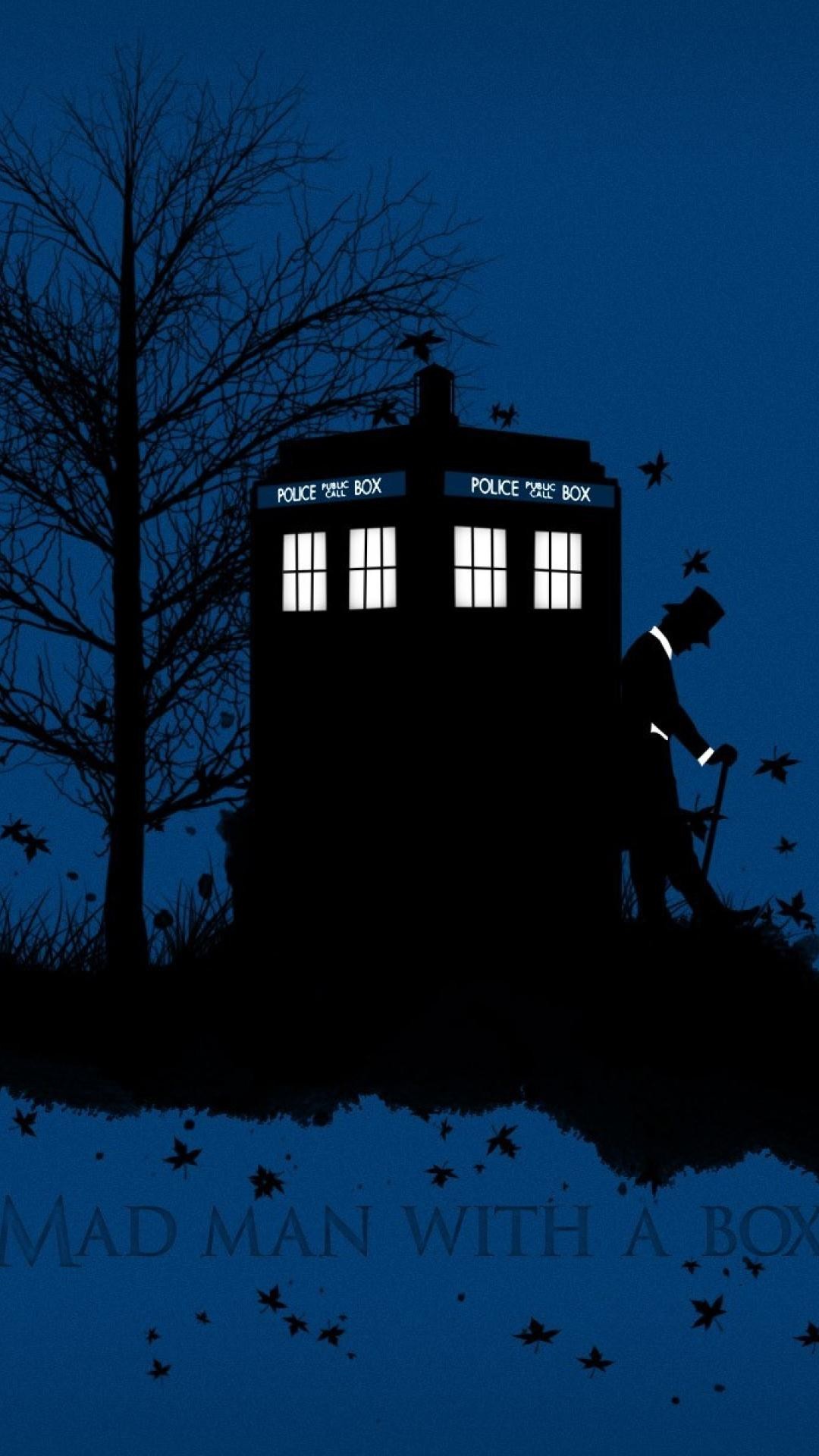 1080x1920  WallsRoyal: Doctor Who TARDIS artwork blue background leaves .