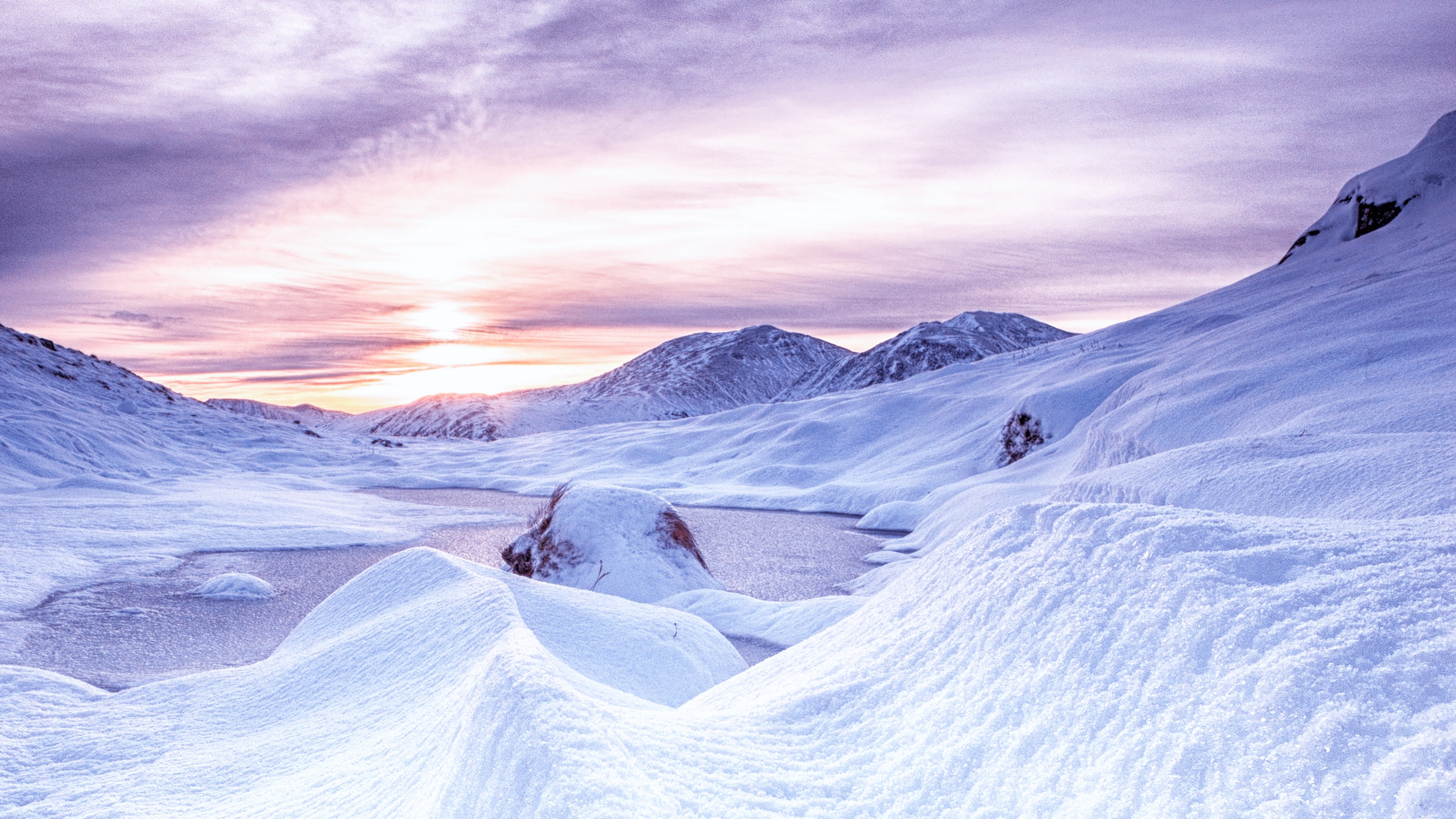 3840x2160  Wallpaper snow, mountains, dawn, scotland