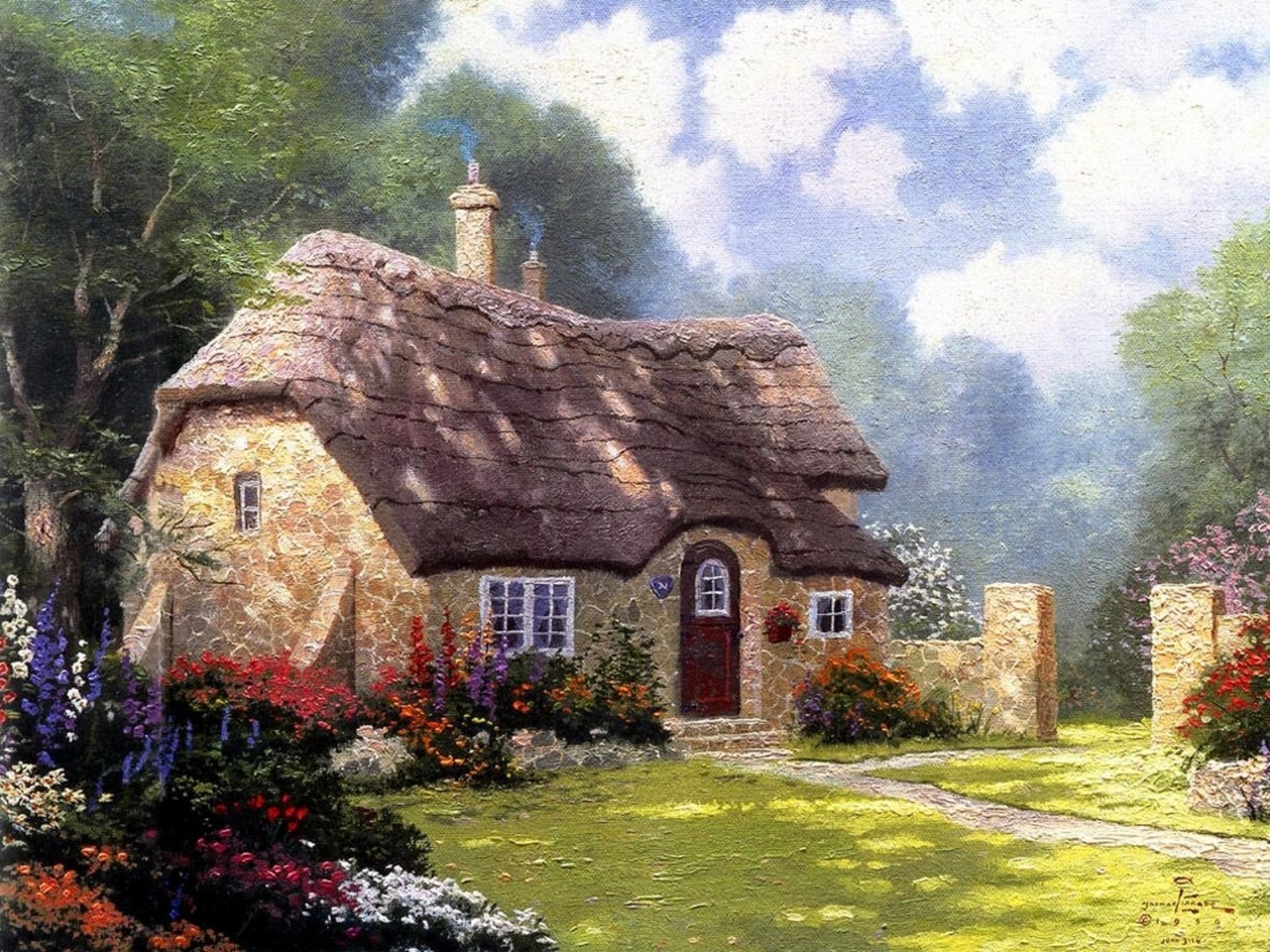 1920x1440 Thomas, Kinkade, Painting, Beautiful, Lodge, Roof, Hd, Wallpaper,
