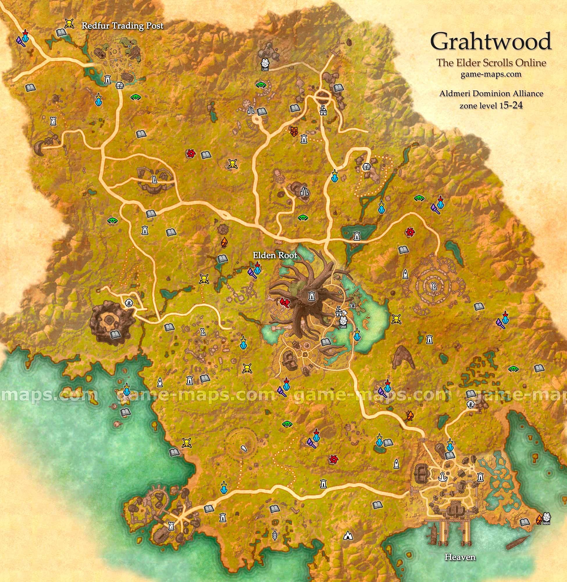 1950x2000 Grahtwood zone map. Heaven, Elden Root, Redfur Trading Post. Heart of  Aldmeri