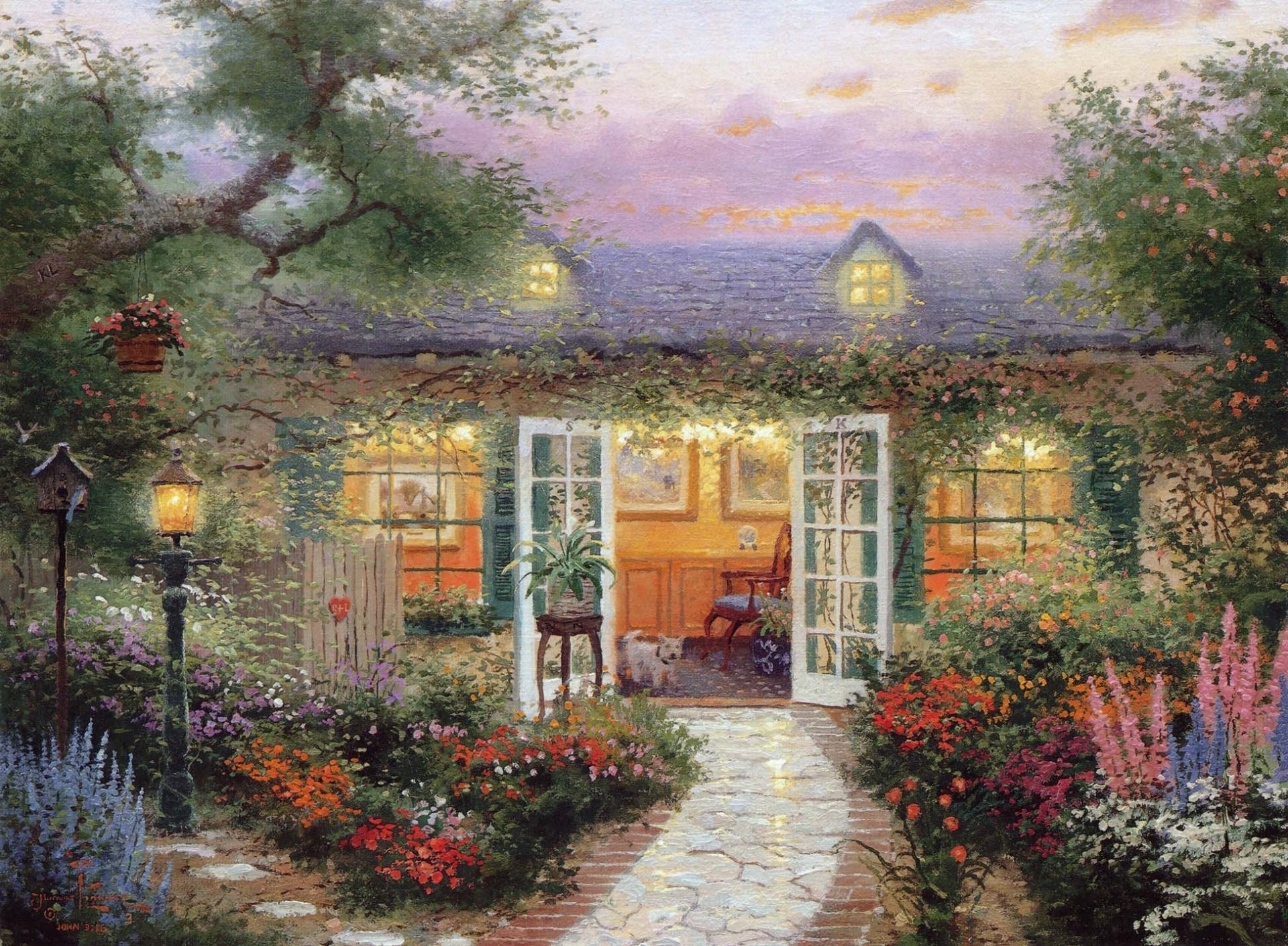 1920x1411 thomas kinkade kincaid summer cottage house verandah dog painting pattern  flower light light night sunset window