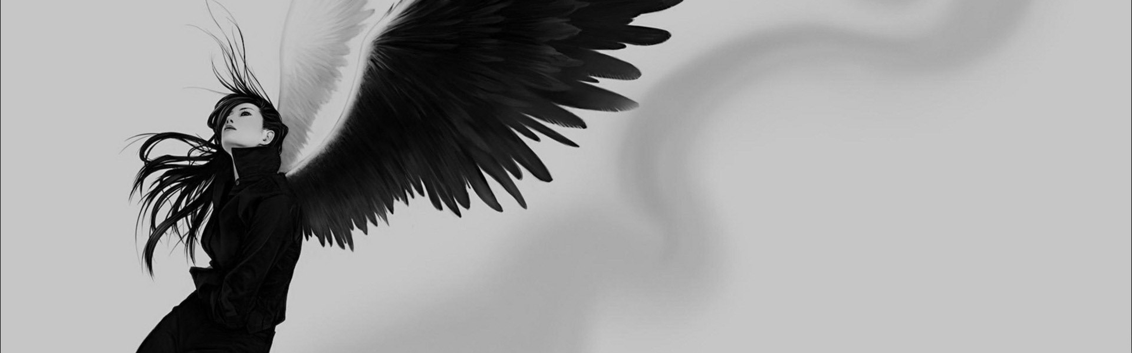 3840x1200  Wallpaper angel, wings, white, black, girl