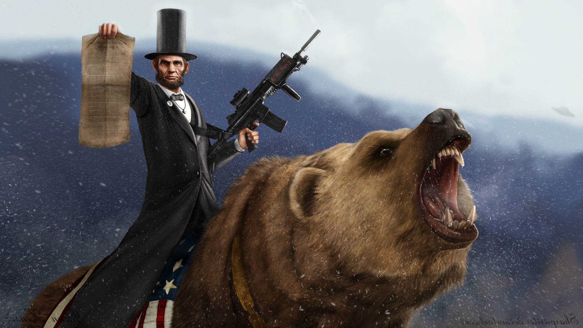 1920x1080 Abraham Lincoln riding a bear.