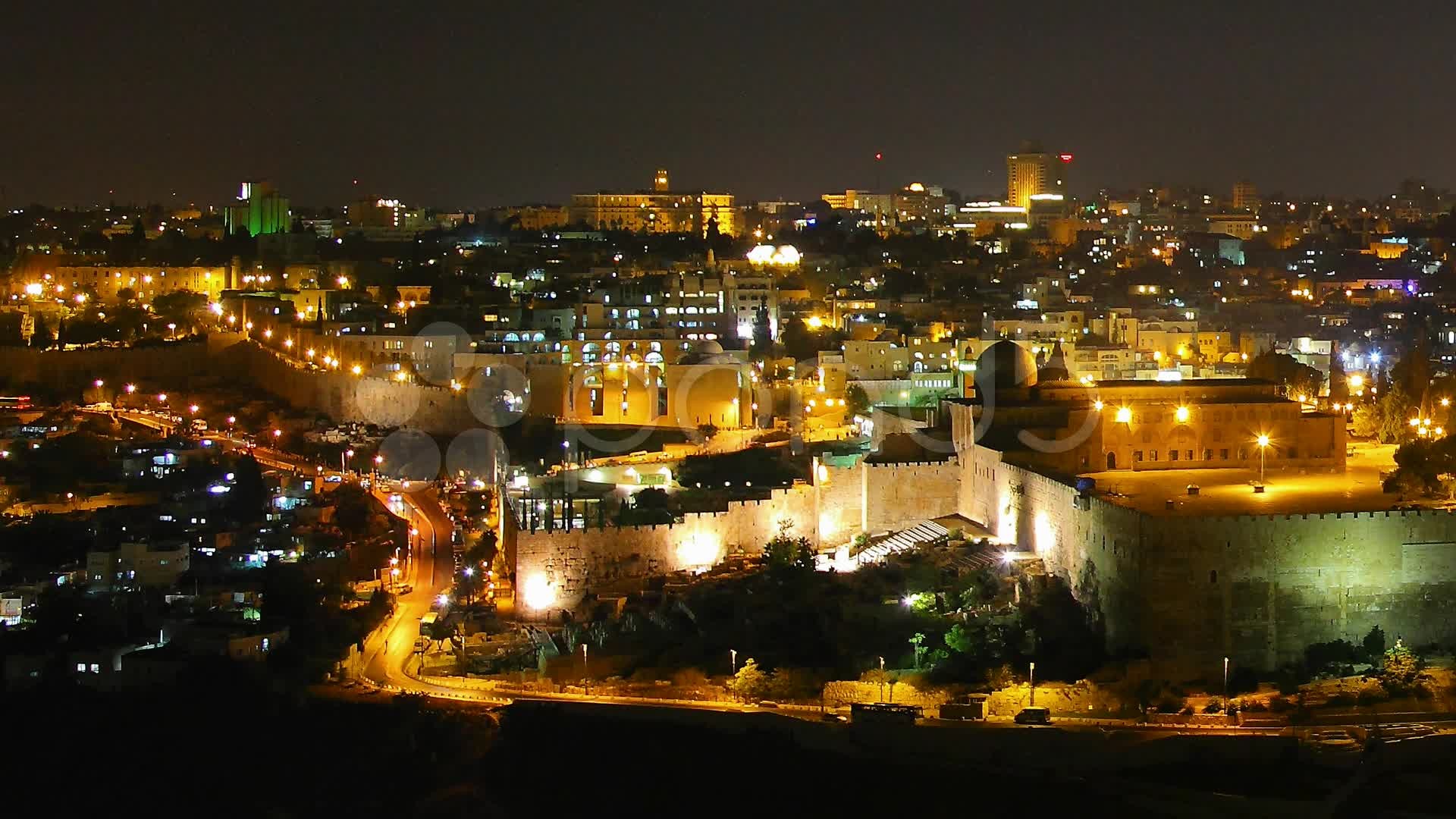 1920x1080 Video: Skyline of Jerusalem, the Jewish Quarter at night time lapse .