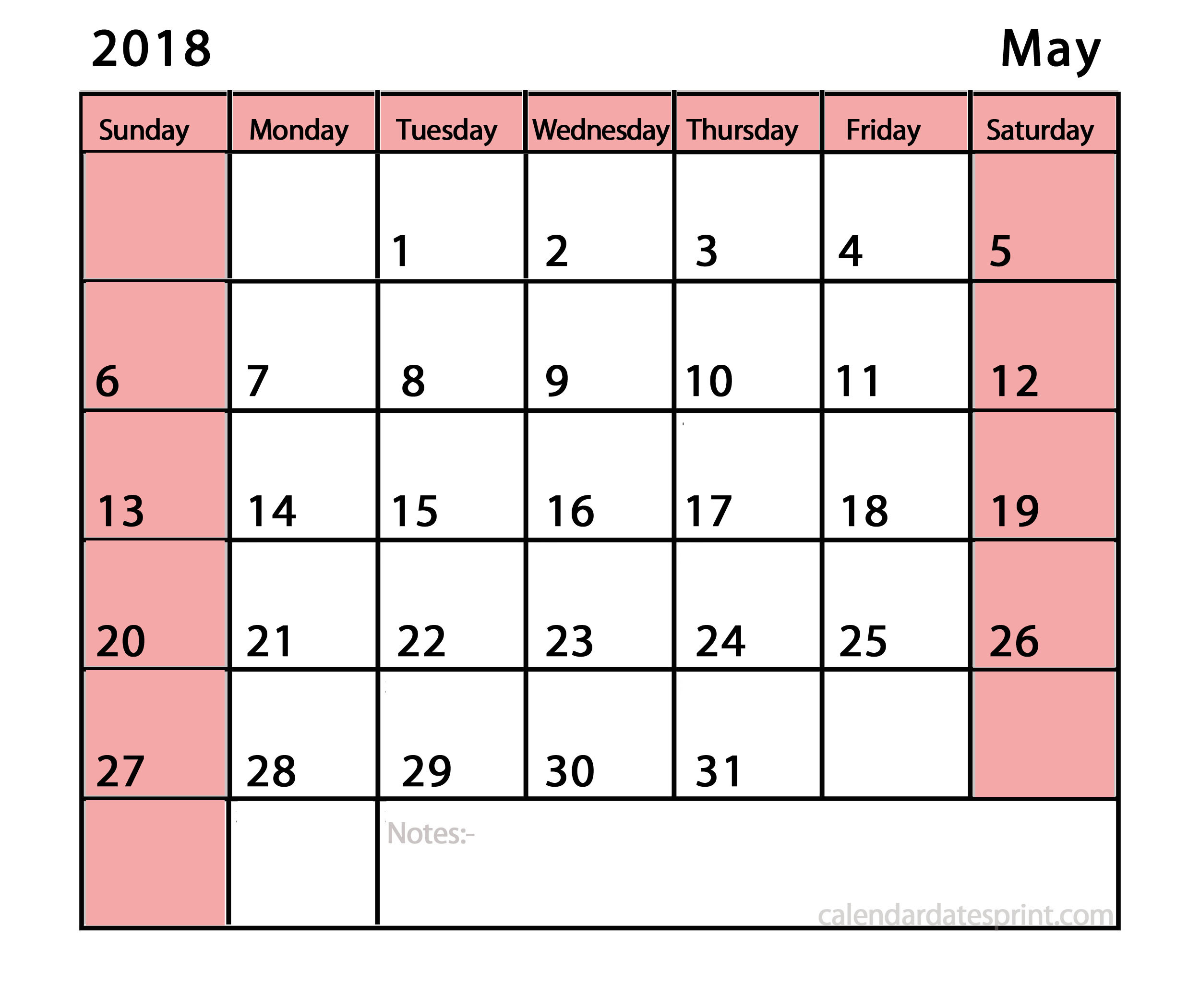 2500x2100 May 2018 Calendar