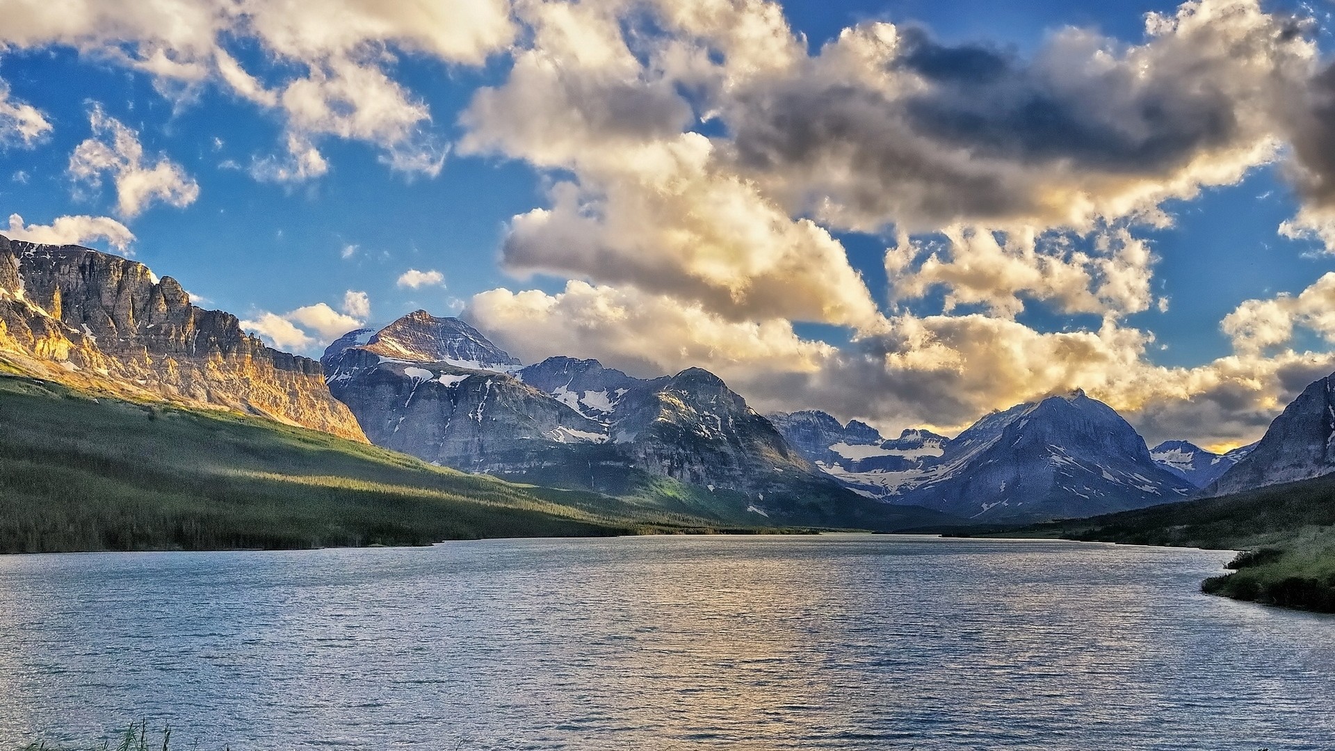 1920x1080 Preview wallpaper sherborne lake, glacier national park, montana, lake,  mountains, clouds