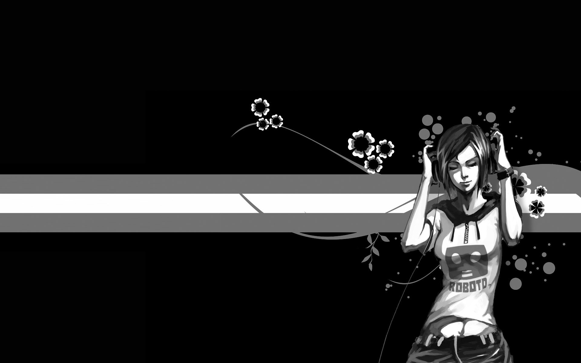 1920x1200 A girl hearing music with black and white flowers background HD Wallpapers.