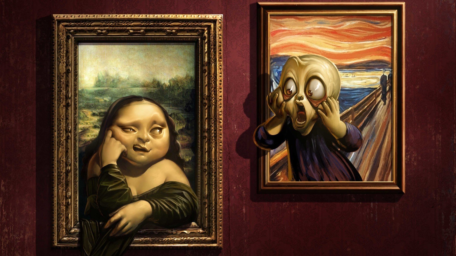 1920x1080 painting, Artwork, Humor, Leonardo Da Vinci, Screaming, Mona Lisa, Edvard