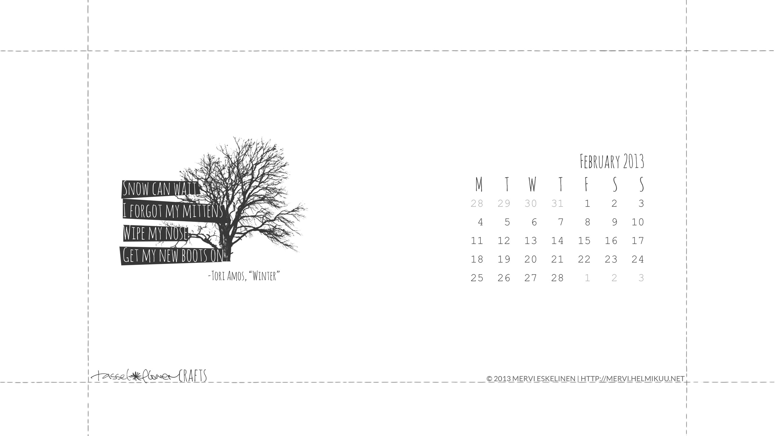 2560x1440 Free printable and desktop wallpaper calendar, February 2013