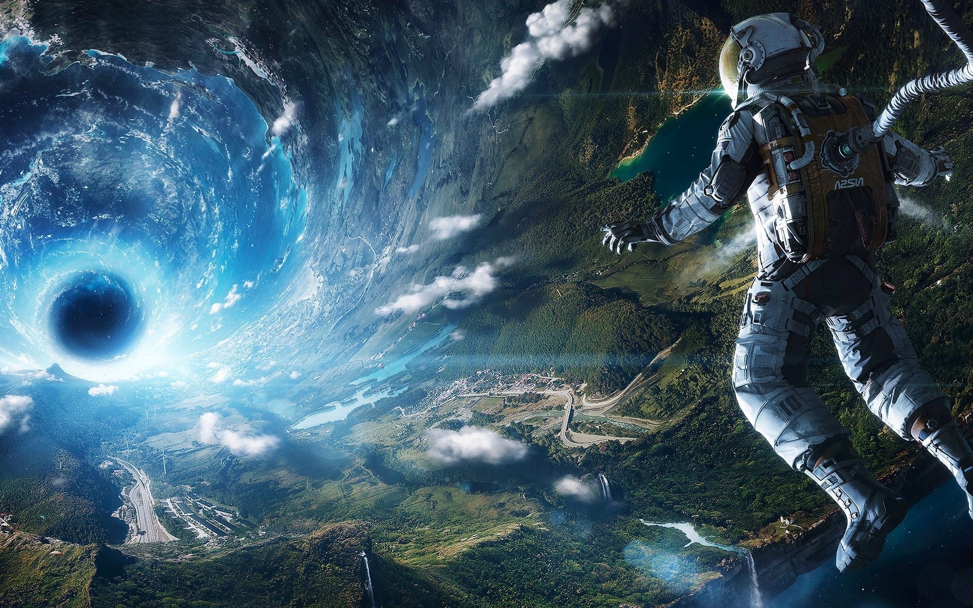 1920x1200 Astronaut look at earth, space, black hole Wallpaper Preview