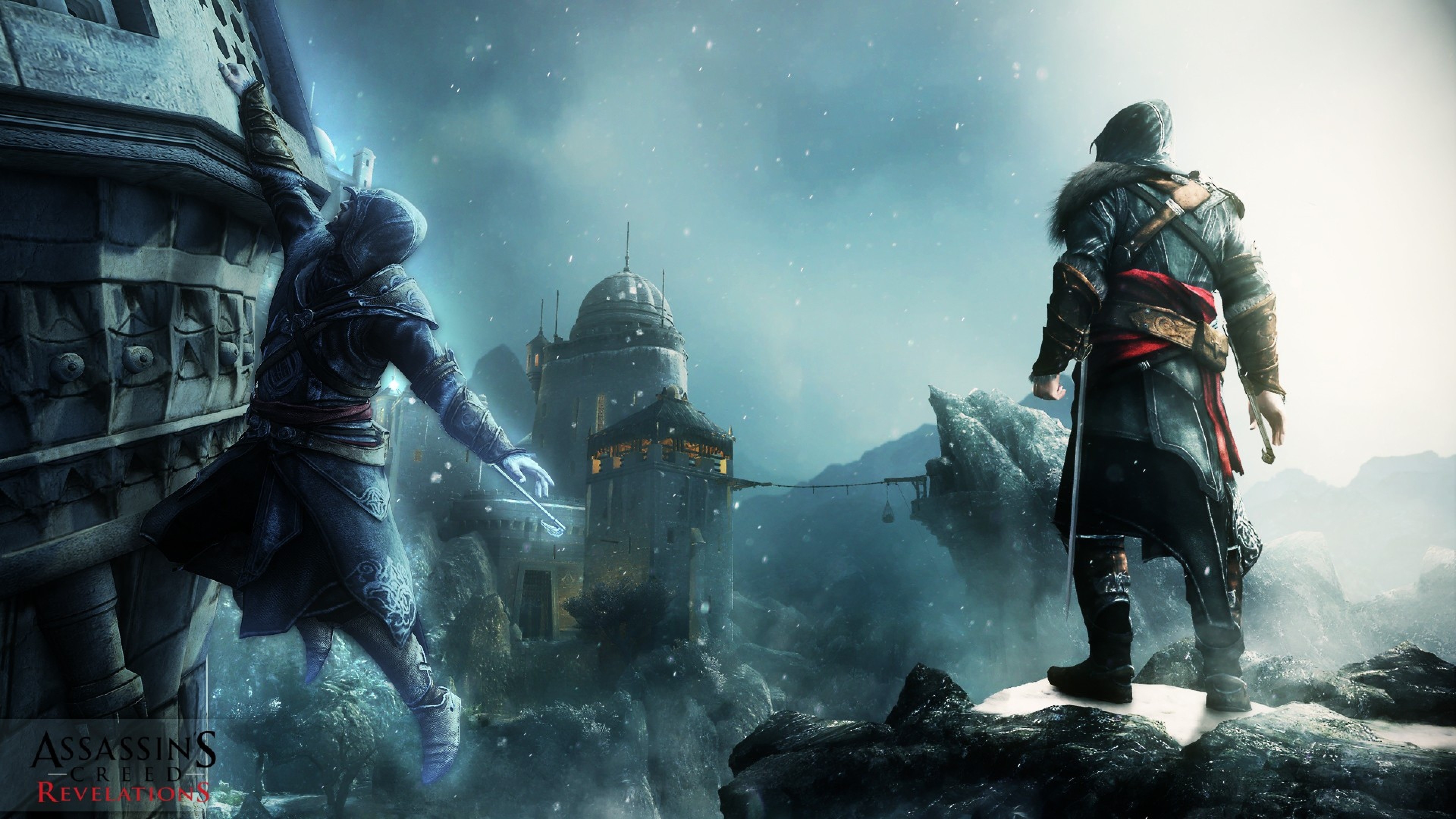3840x2160 Preview wallpaper assassins creed revelations, desmond miles, castle, wall,  snow, mountains
