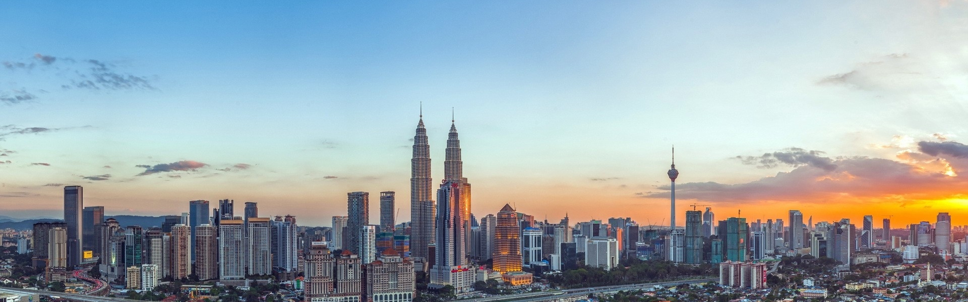 3840x1200  Wallpaper malaysia, petronas twin towers, sky, top view