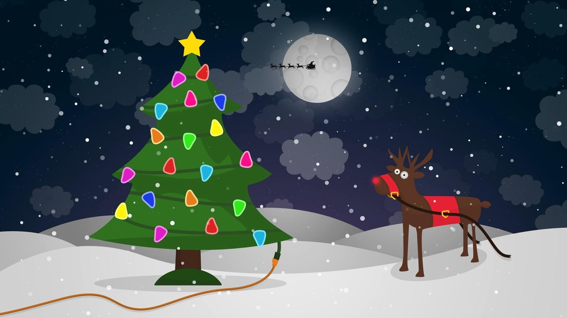 1920x1080  Wallpaper tree, garlands, wire, reindeer, christmas, moon, santa  claus