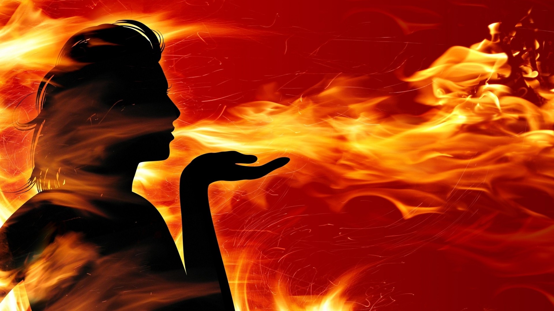 1920x1080  Wallpaper girl, fire, flame, hand, red