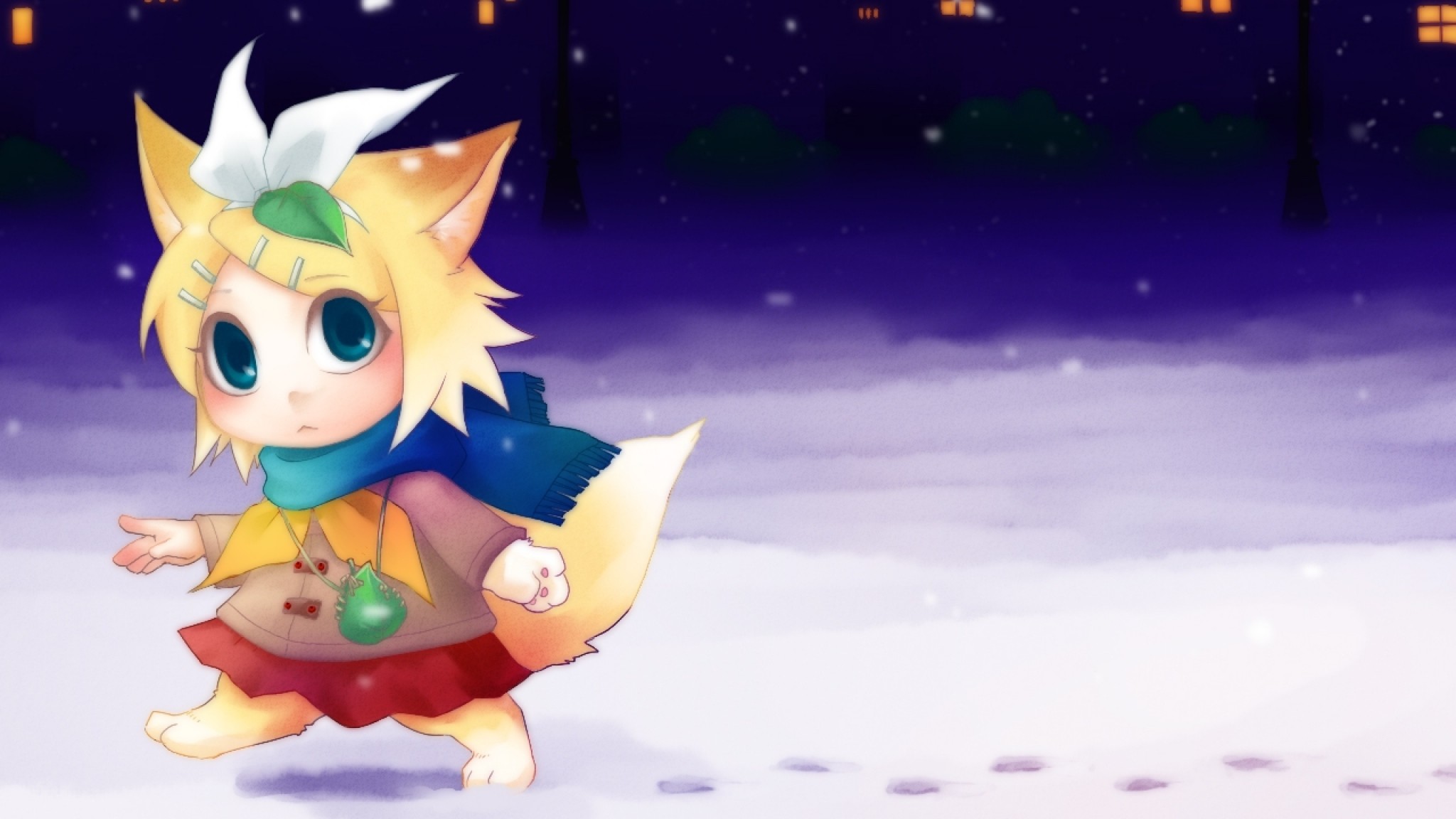 2048x1152 Preview wallpaper vocaloid, kagamine rin, chibi, anime, christmas, winter  