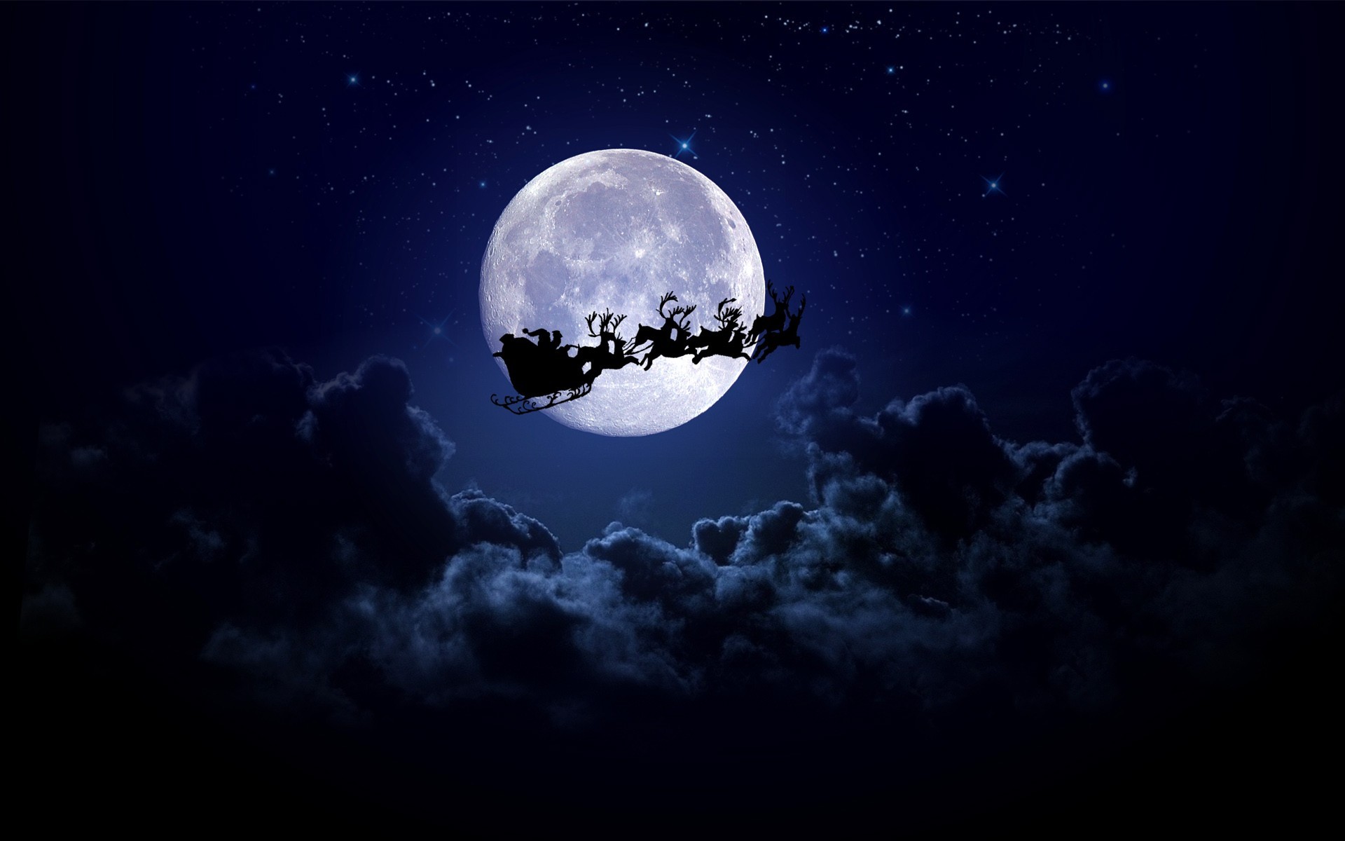 1920x1200 Christmas Santa Claus midnight sleigh ride full moon silhouette