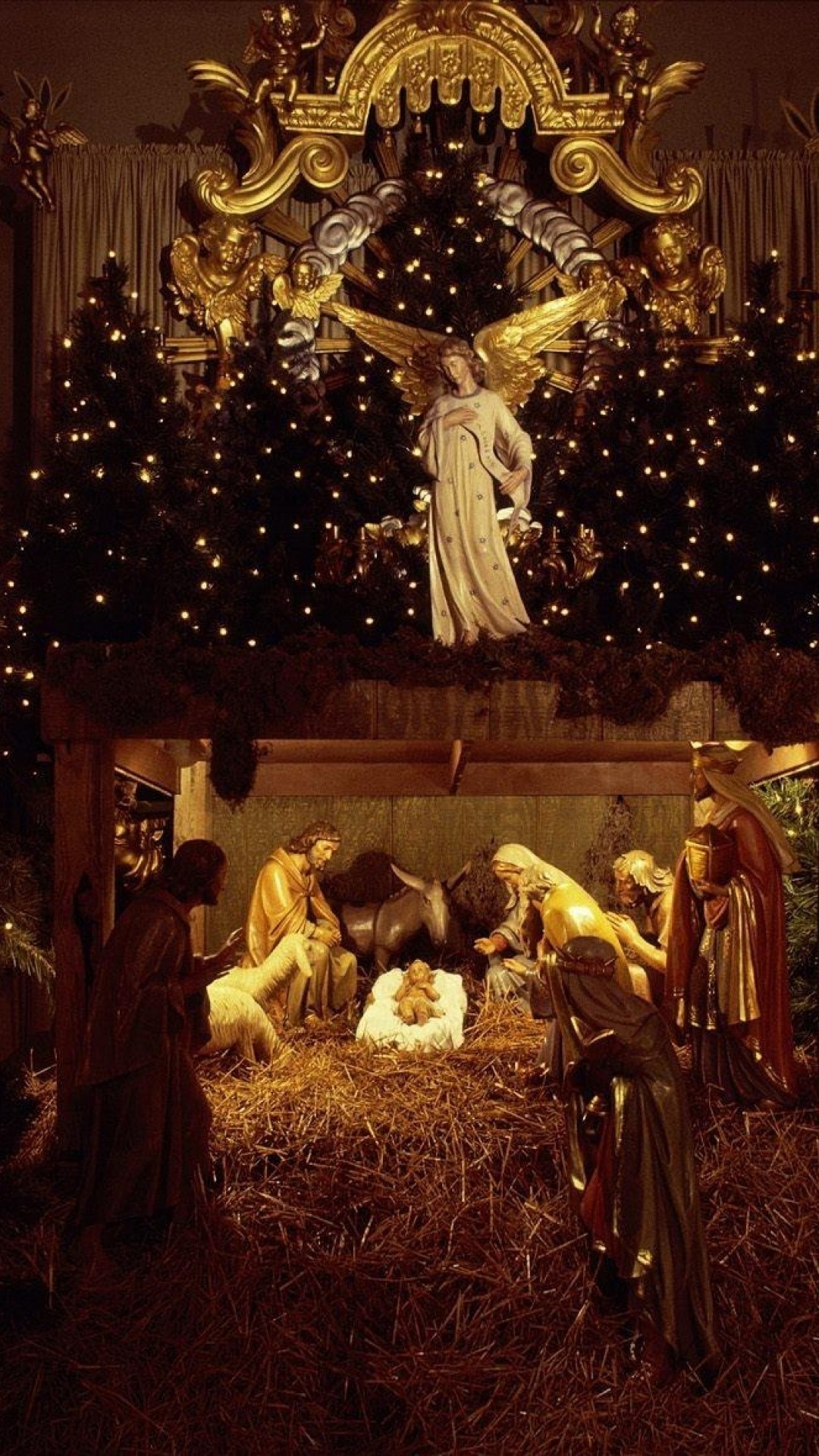 1080x1920  Wallpaper christmas, jesus, nurseries, christmas trees, garland,  holiday, people