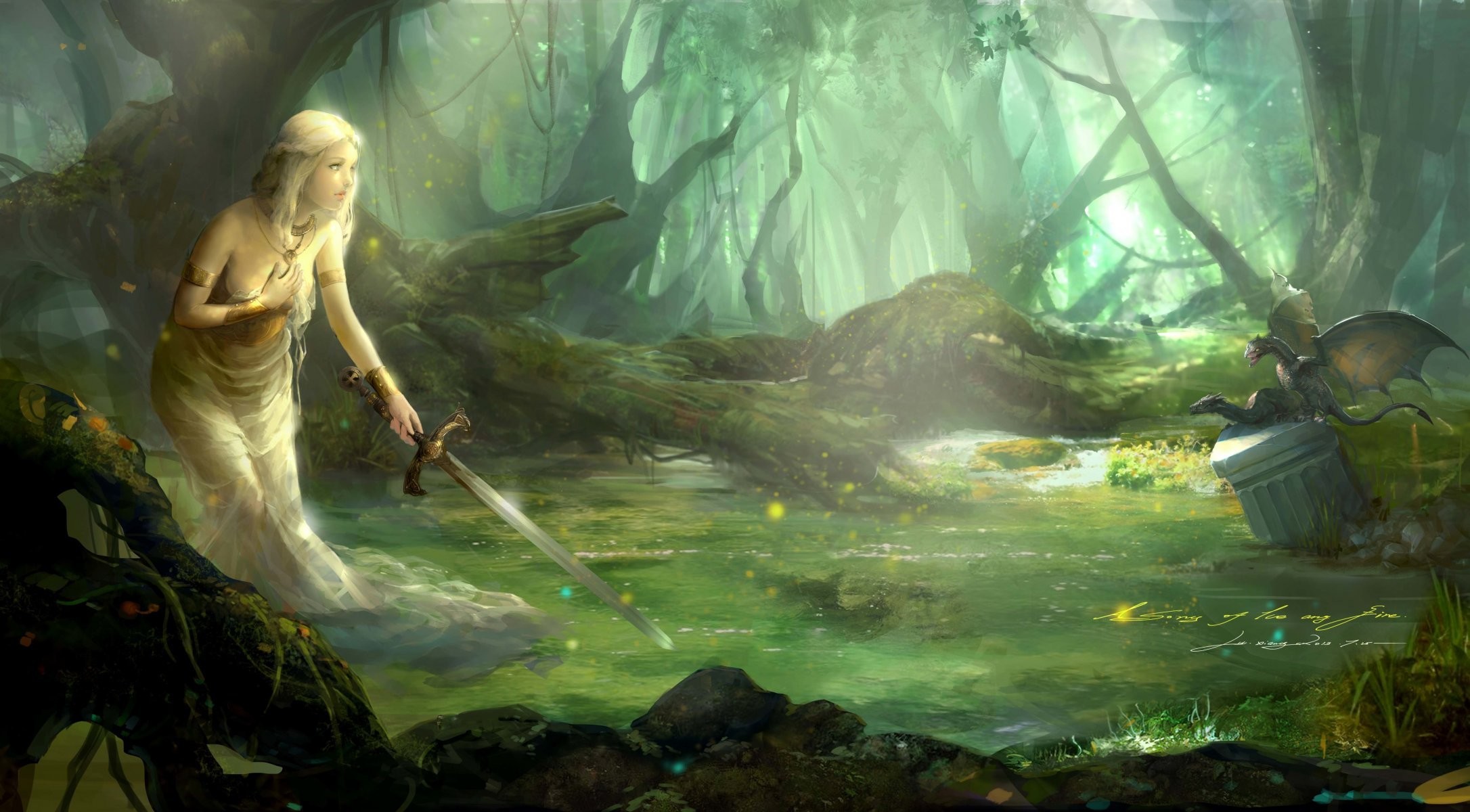 2172x1200 art xiangxiang lu a song of ice and fire girl sword dragons forest water