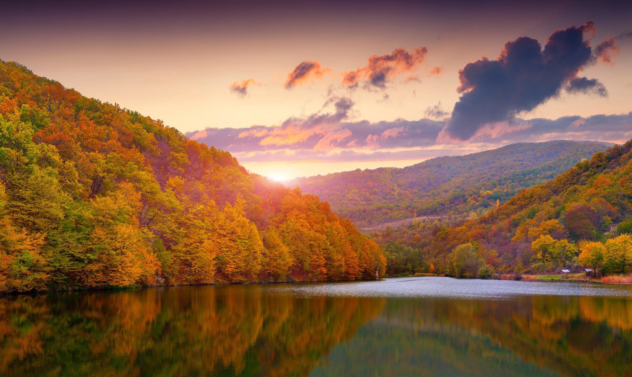 2048x1222 Going In Style Fall 2015 background image is a scenic Autumn landscape view  of a river at sunrise. The morning sun shines on the colorful, yellow, ...