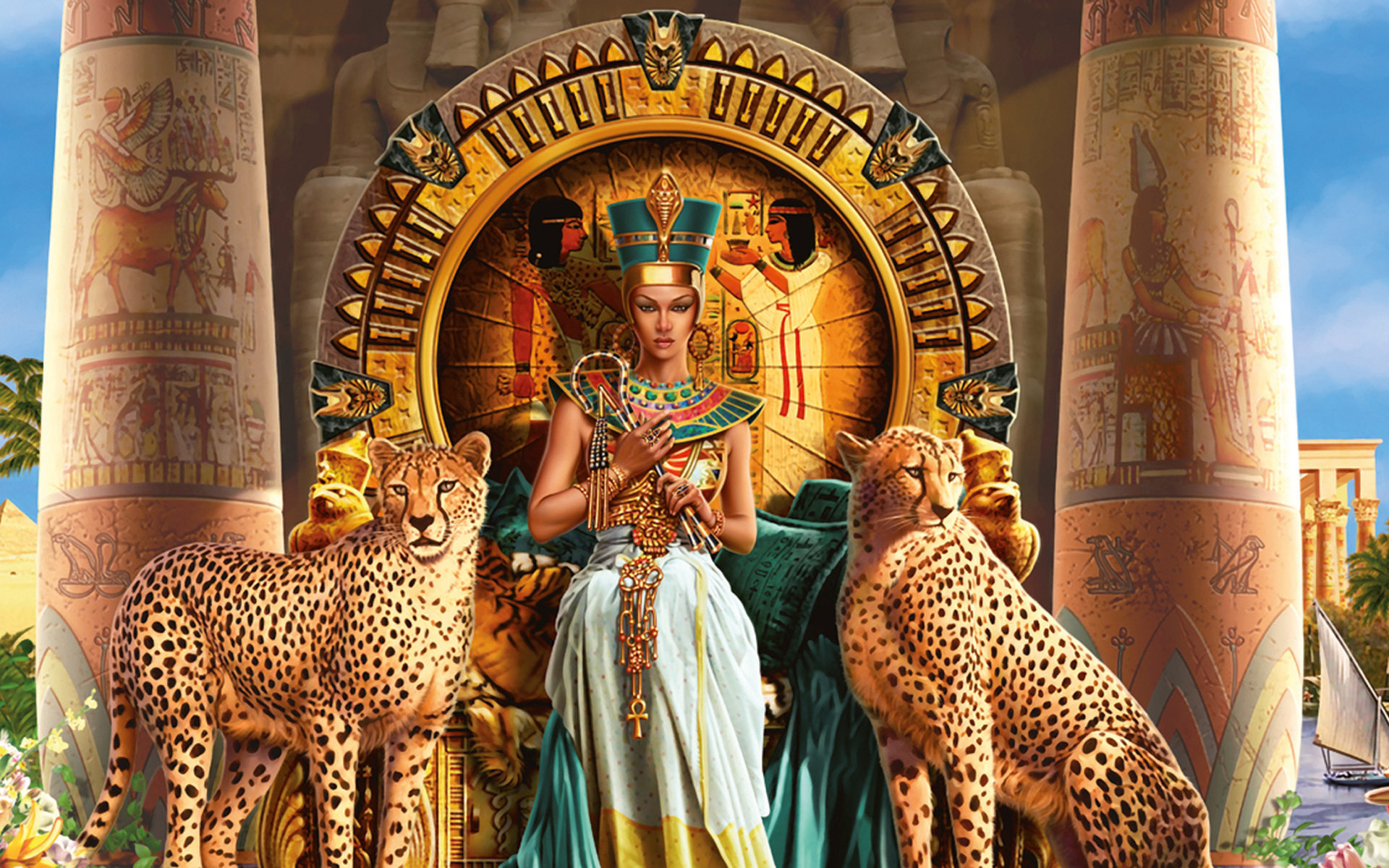 1920x1200 Cleopatra VII Philopator pharaoh Ancient Egypt Ptolemaic dynasty Egyptian  animals cats cheetah throne color detail jewelry