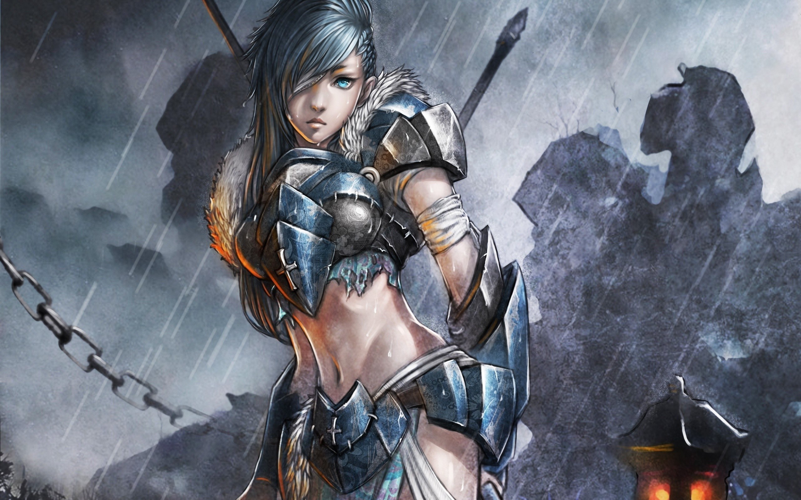 2560x1600 Women rain wet eyepatch fantasy art armor artwork aqua eyes anime girls   wallpaper