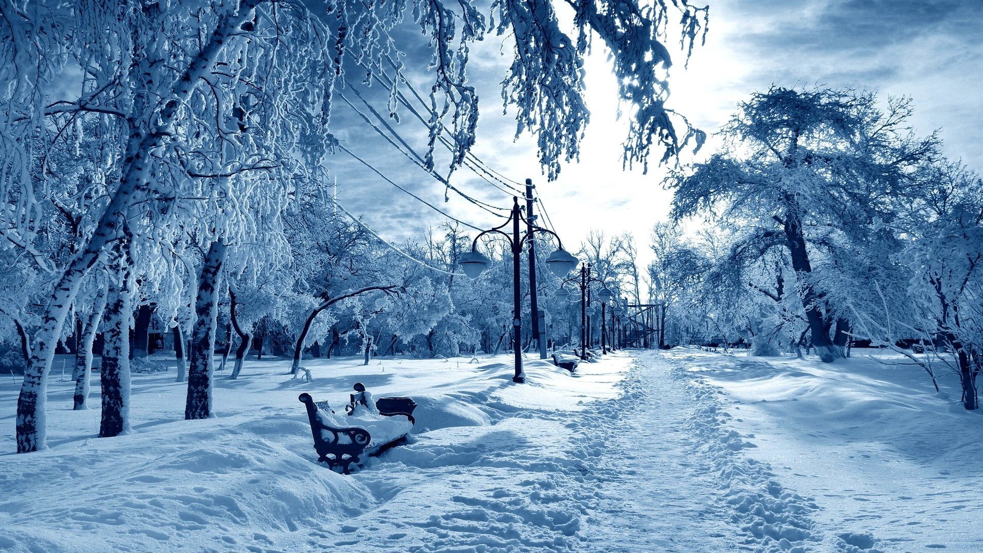 1920x1080 Lamp Tag - Ice Frosty Park Bench Snow Path Coming Nature Season Frost Way  Trees Sun