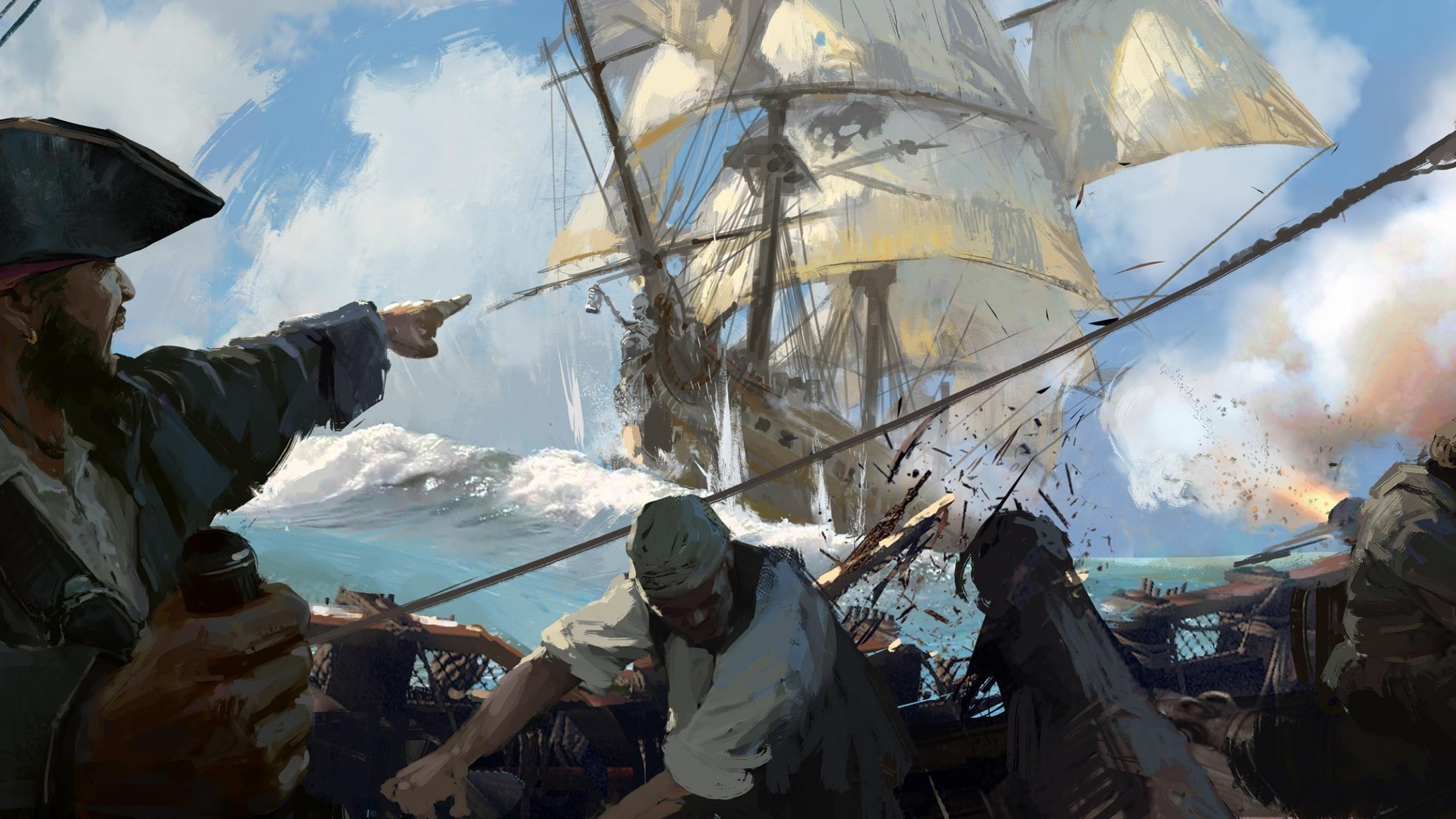 2194x1234 Skull And Bones, Pirates, Battle, Sea, Artwork, Painting, Sailing Ships