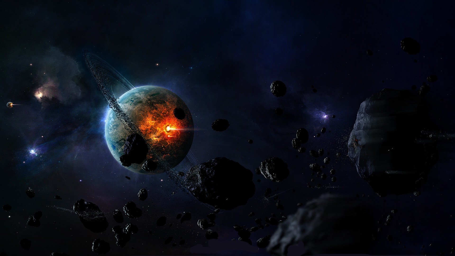 1920x1080 Explosion Tag - Asteroid Impact Space Explosion Fire Blue Sky Purple Orange  Planet Black Univers Background