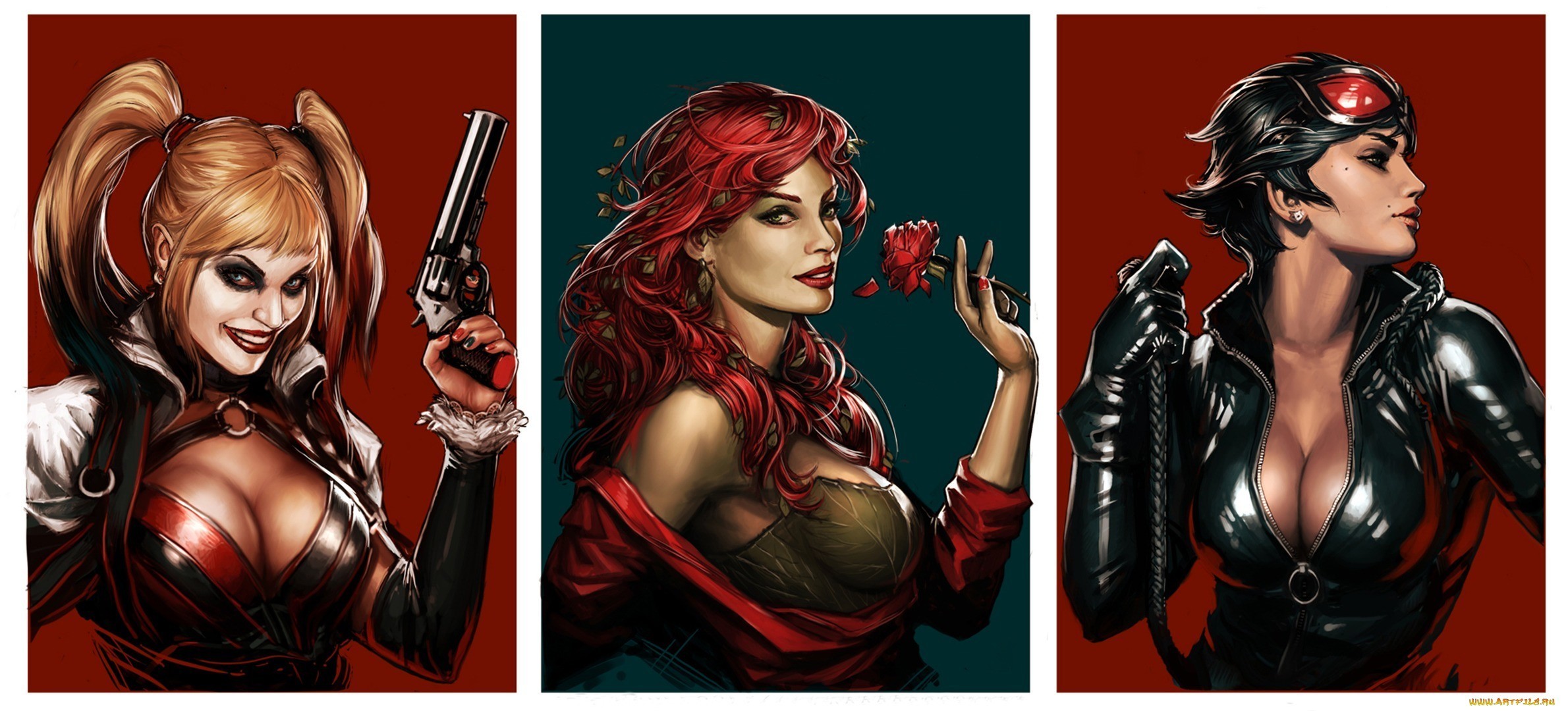 2380x1080 General  artwork Catwoman Harley Quinn Poison Ivy DC Comics