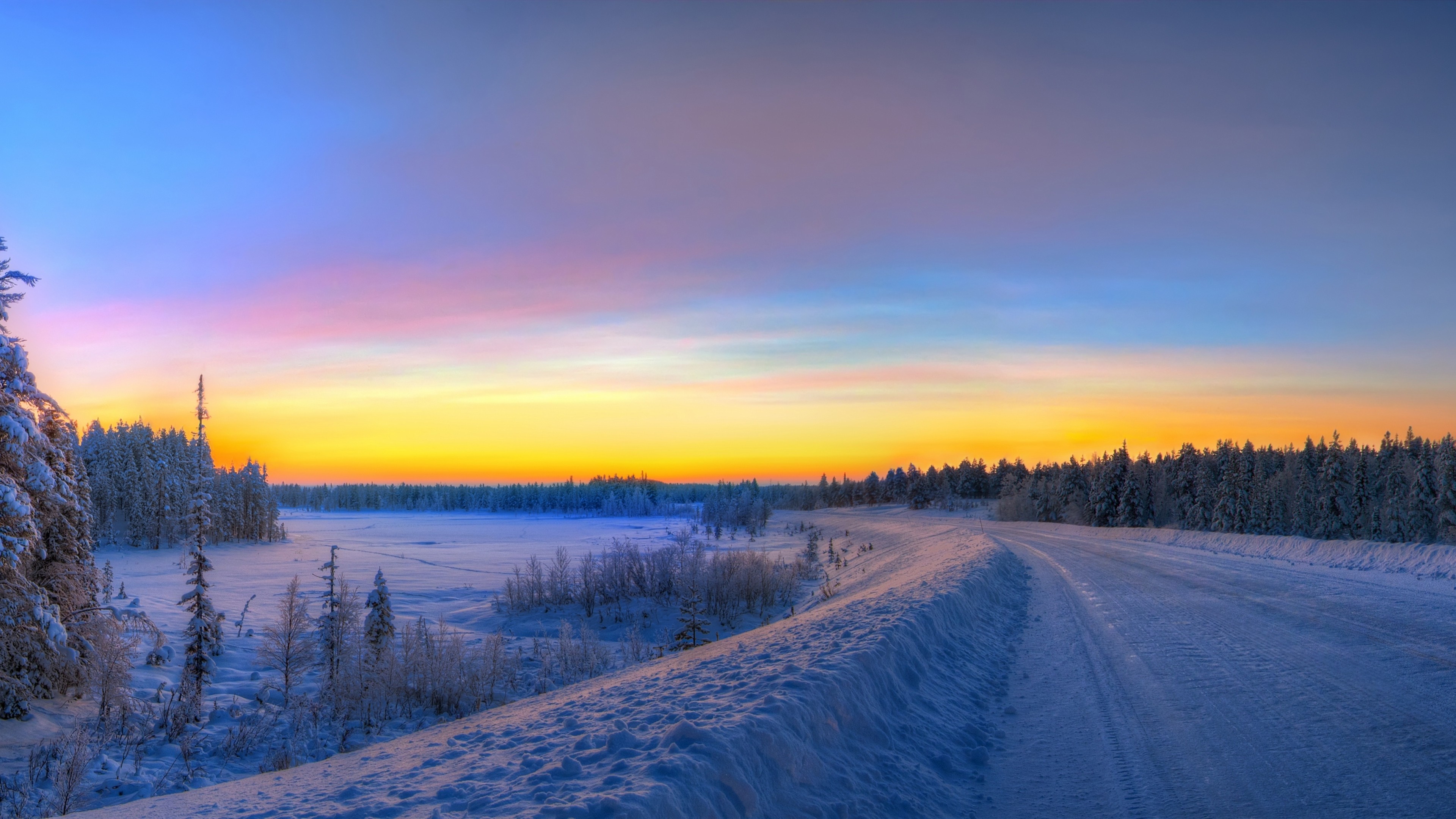 3840x2160 Preview wallpaper panorama, sunset, road, winter, landscape 