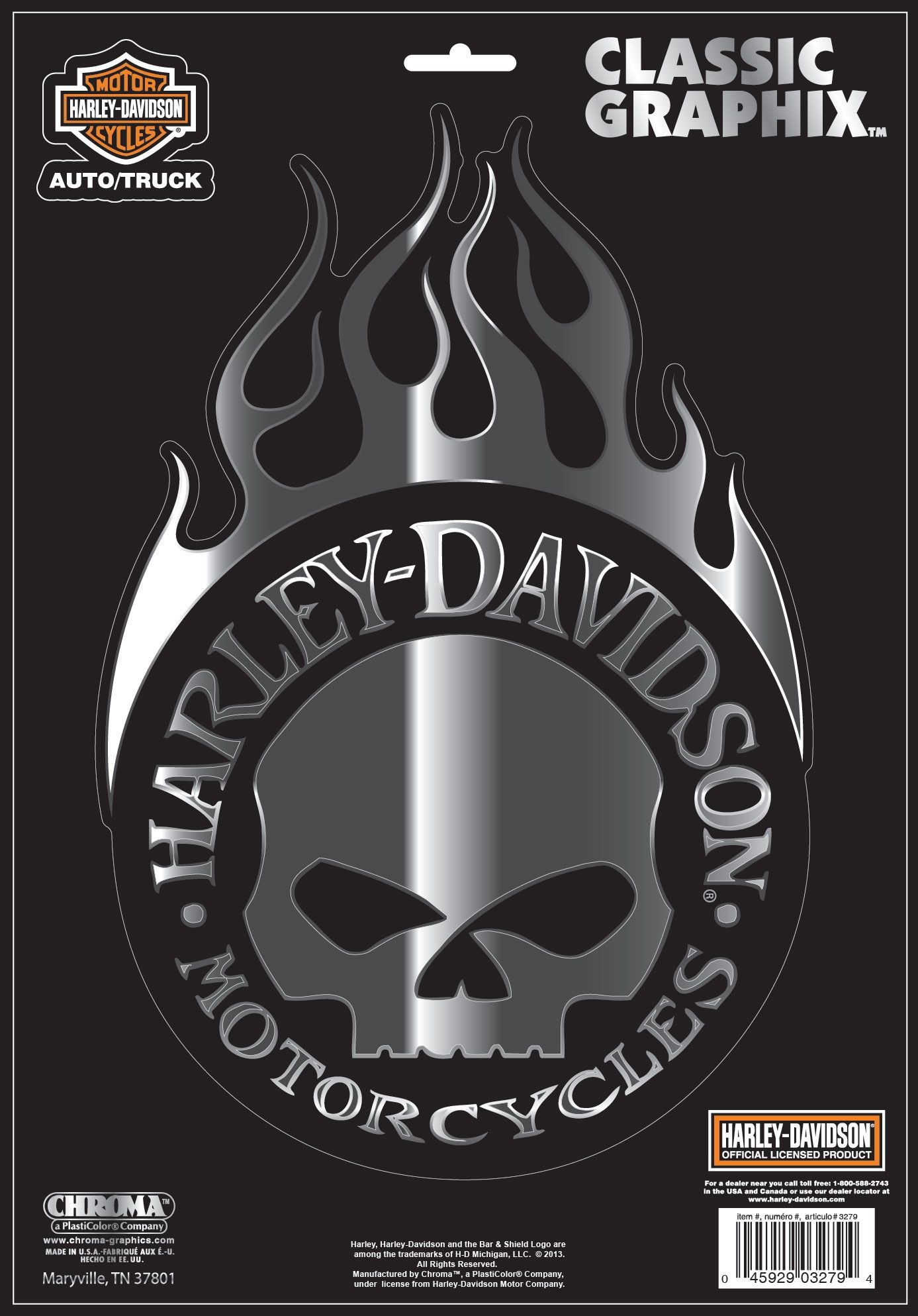 1387x1987 <p>This large silver decal features the classic Willie GÂ® skull with flames  above, encircled with the Harley-DavidsonÂ® brand name.