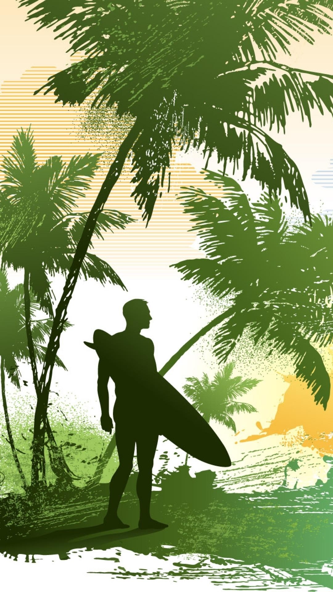 1080x1920  Wallpaper beach, surf, palm trees, people, sea