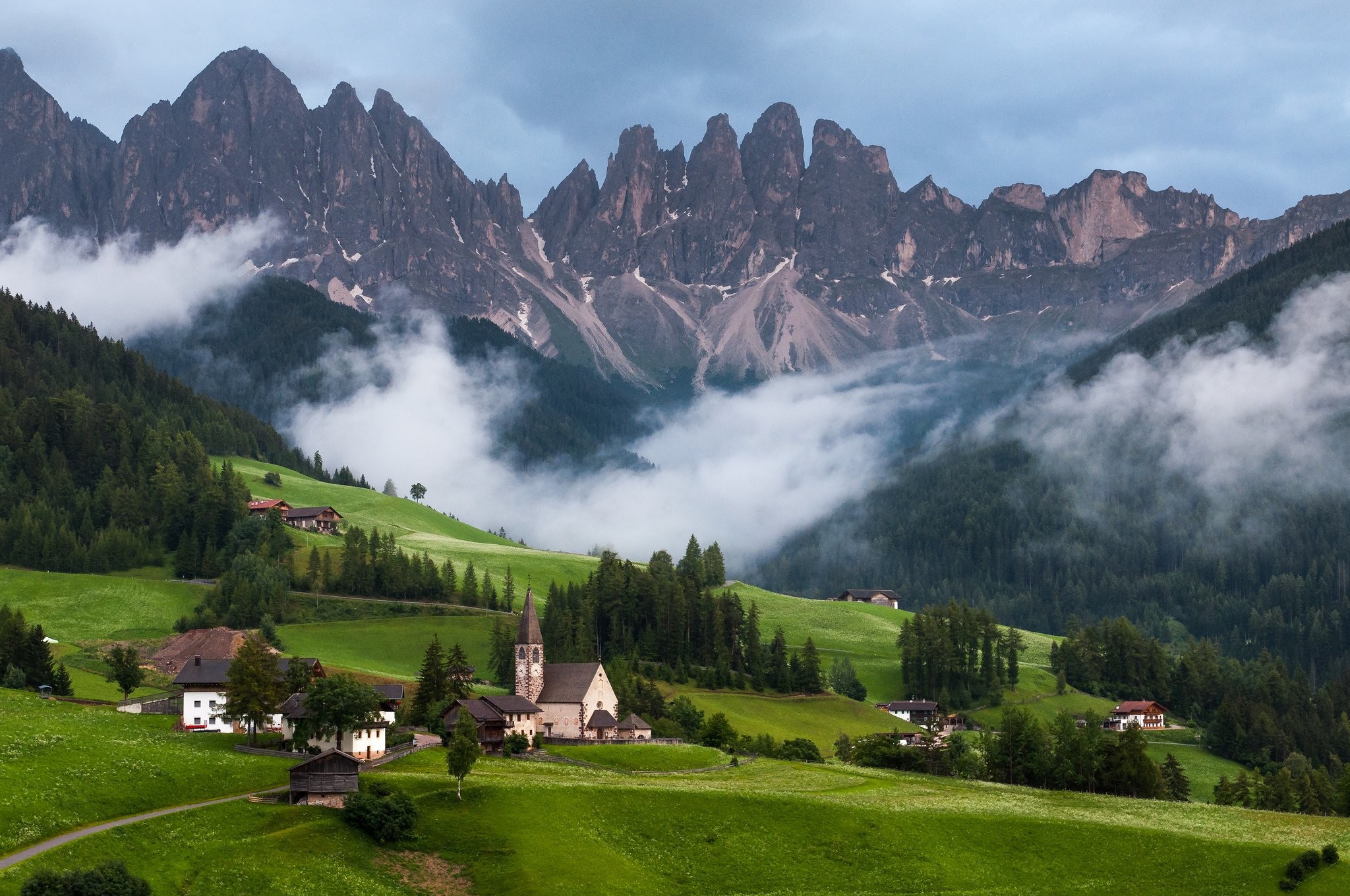 2048x1360 dolomiti, dolomites, mountains, clouds, forest, trees, grass, church, home,  nature, landscape Wallpaper HD