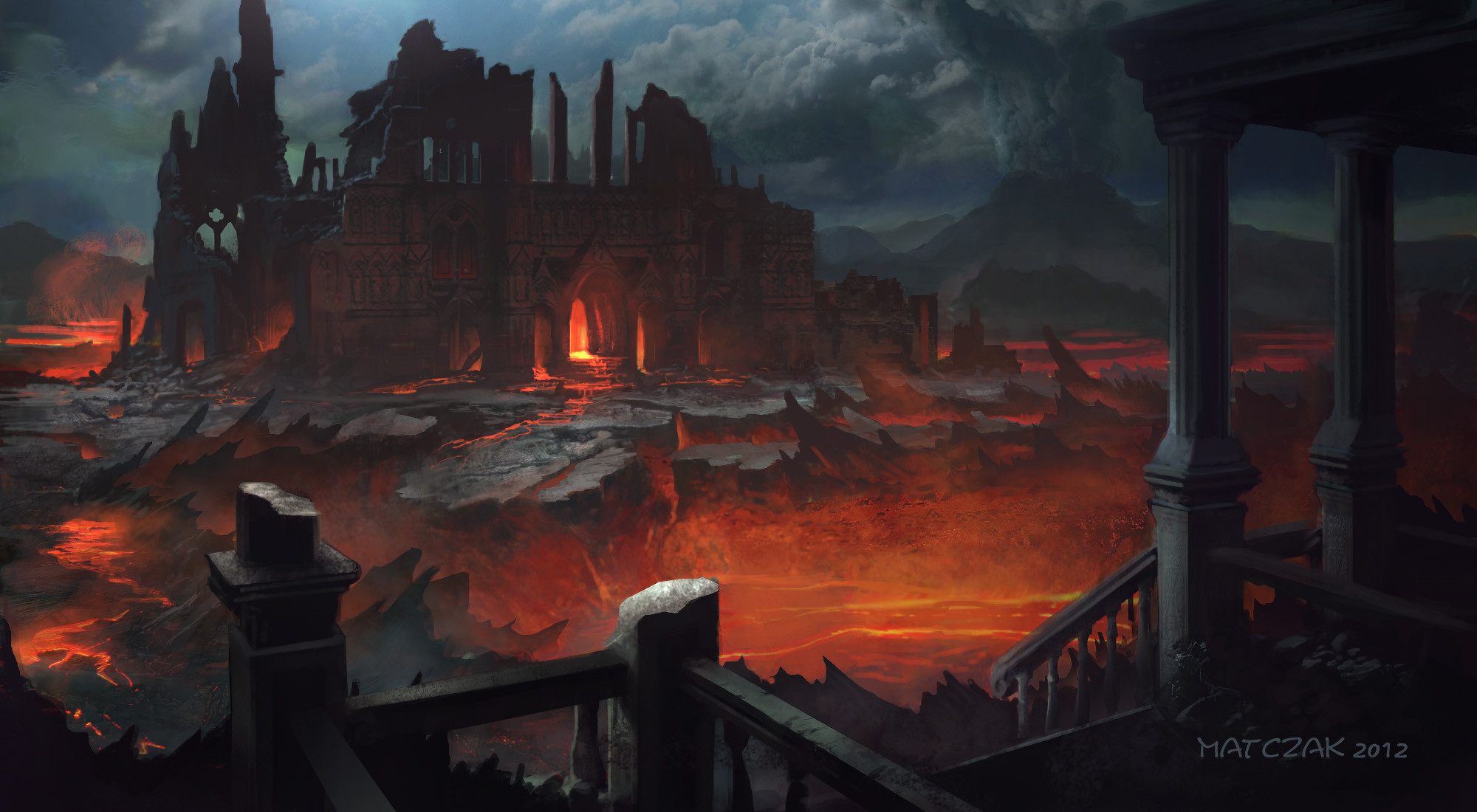 2000x1100 ruins city decay dark fire halloween hell wallpaper