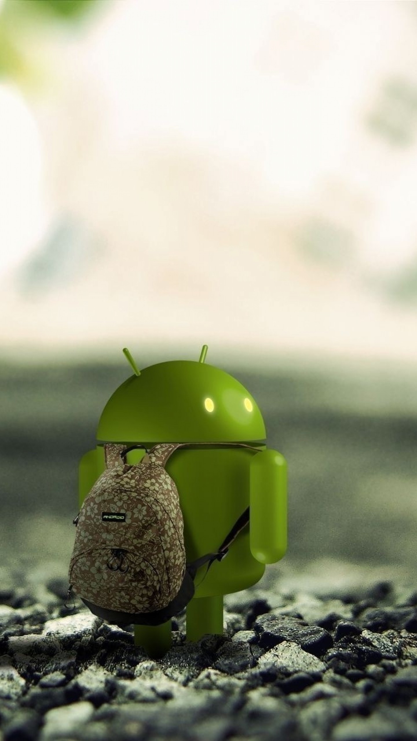 1440x2560  Wallpaper android, robot, backpack, stones