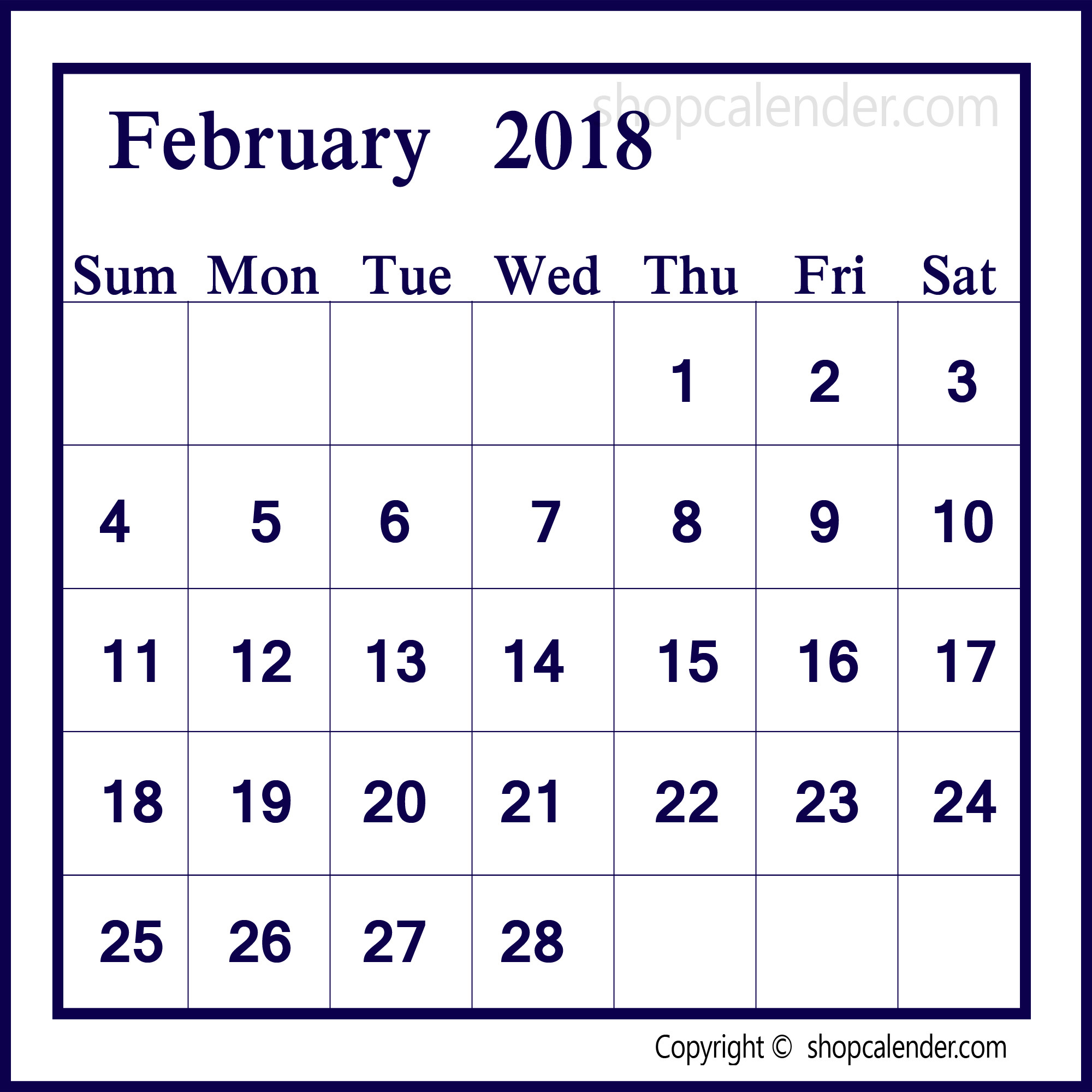 2000x2000 February 2018 Printable Calendar February Printable Calendar