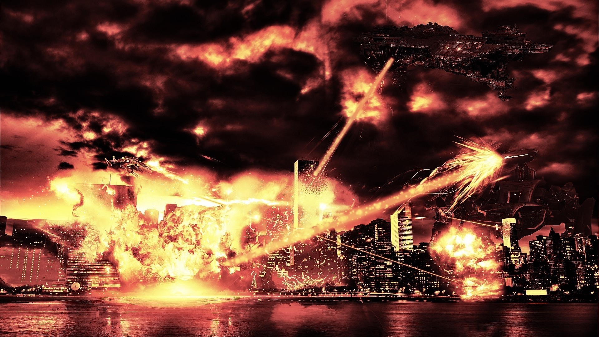 1920x1080 Sci-fi cg digital art invasion apocalyptic alien spaceship spacecraft fire  weapons cities dark destruction wallpaper |  | 40086 | WallpaperUP