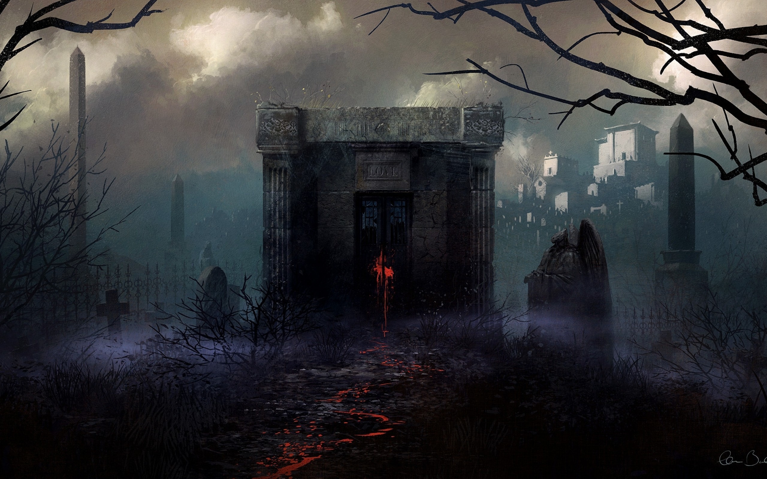 2560x1600 Graveyard, Gothic, Fantasy World, Painting, Horror, Dark Theme, Fog
