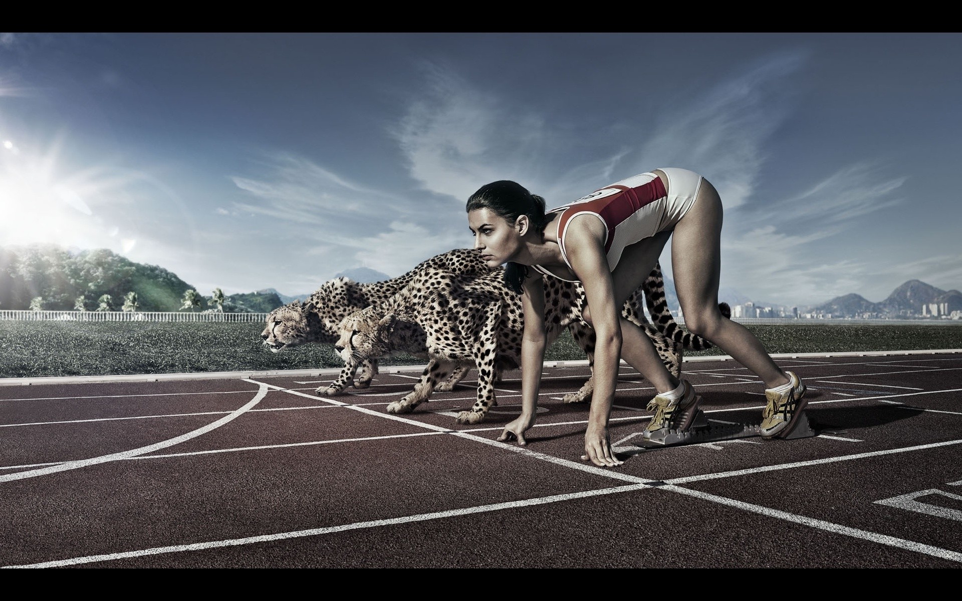 1920x1200 Marathon Runner Girl with Cheetah on Race Start Line wallpaper