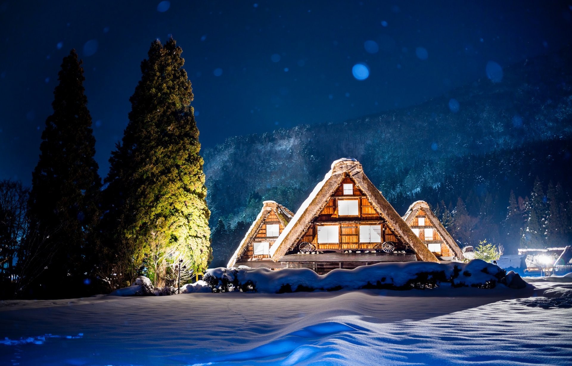 1920x1229 japan night lights house tree mountain winter snow highlight